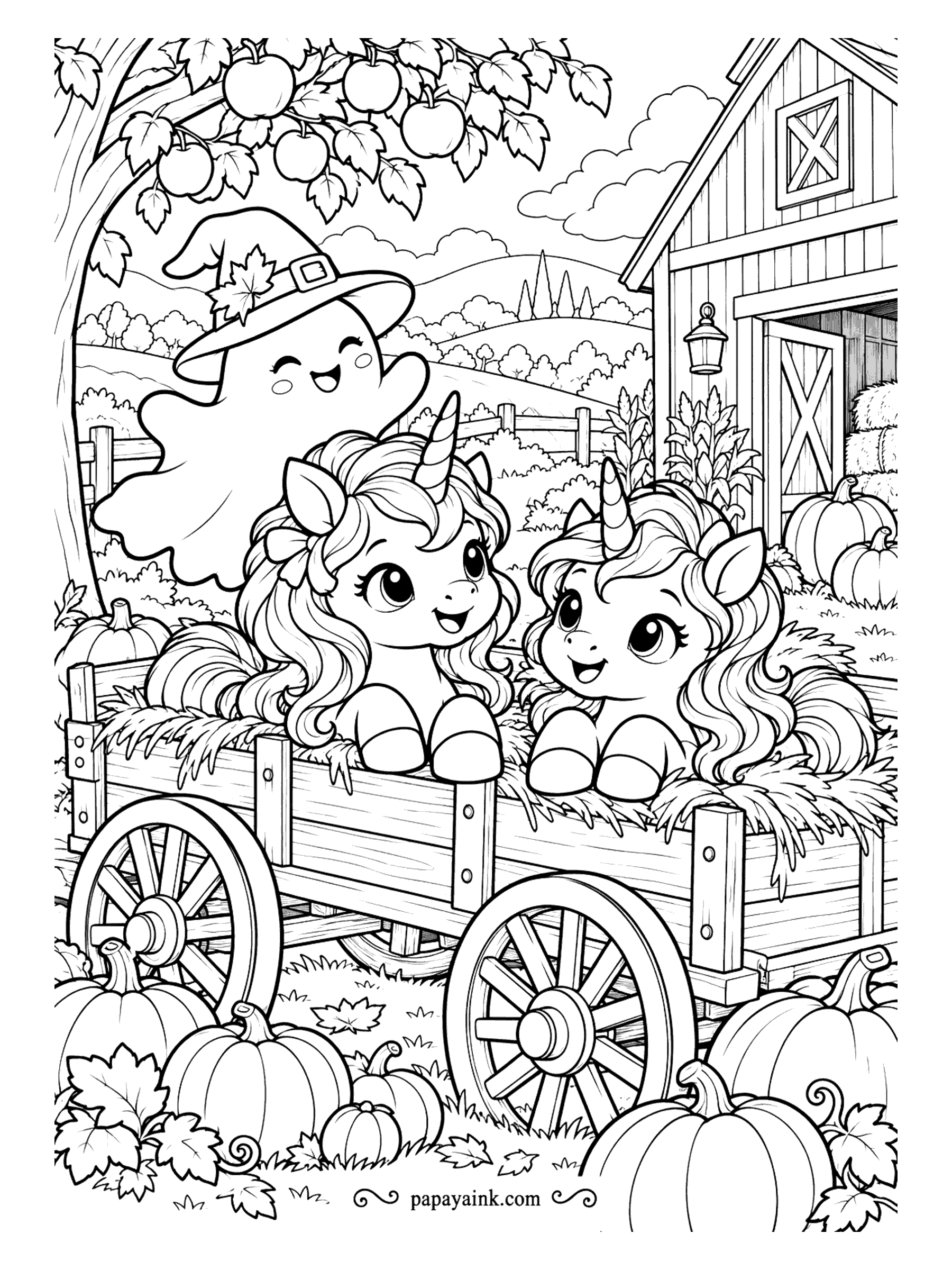 Halloween Unicorn Coloring Pages - Front hooves on the rail, two unicorns ride the hay wagon past the barn. A ghost in a pointed hat floats over the fence and apples hang from the tree above. Big wheels and barn boards - easy to color in long strokes.