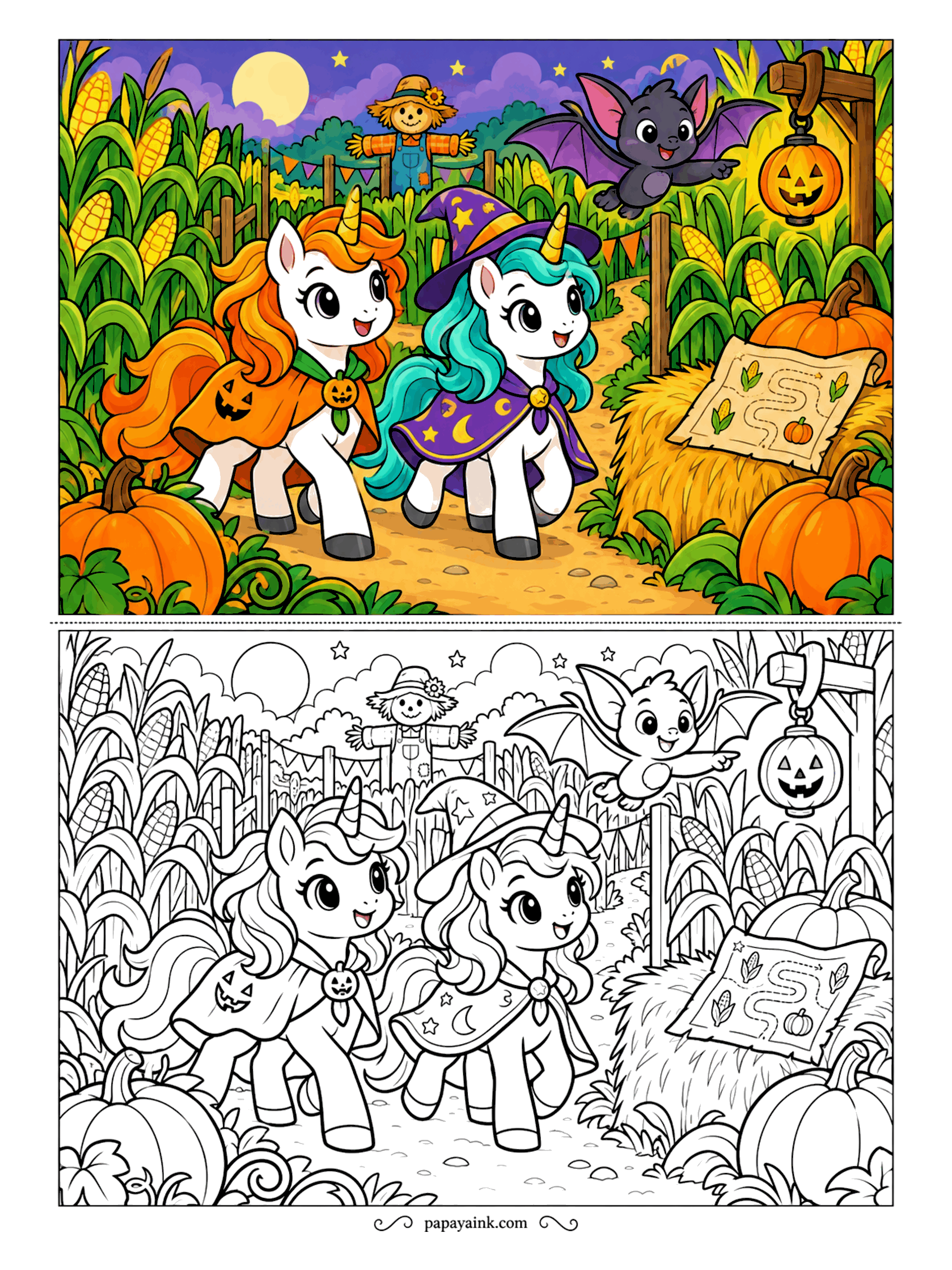 Halloween Unicorn Coloring Pages - Somewhere in this corn maze is the way out, and the map on the hay bale is not helping. Two caped unicorns look up at the scarecrow instead, and a bat circles the lantern post. Full moon, so keep the corn bright against the sky.