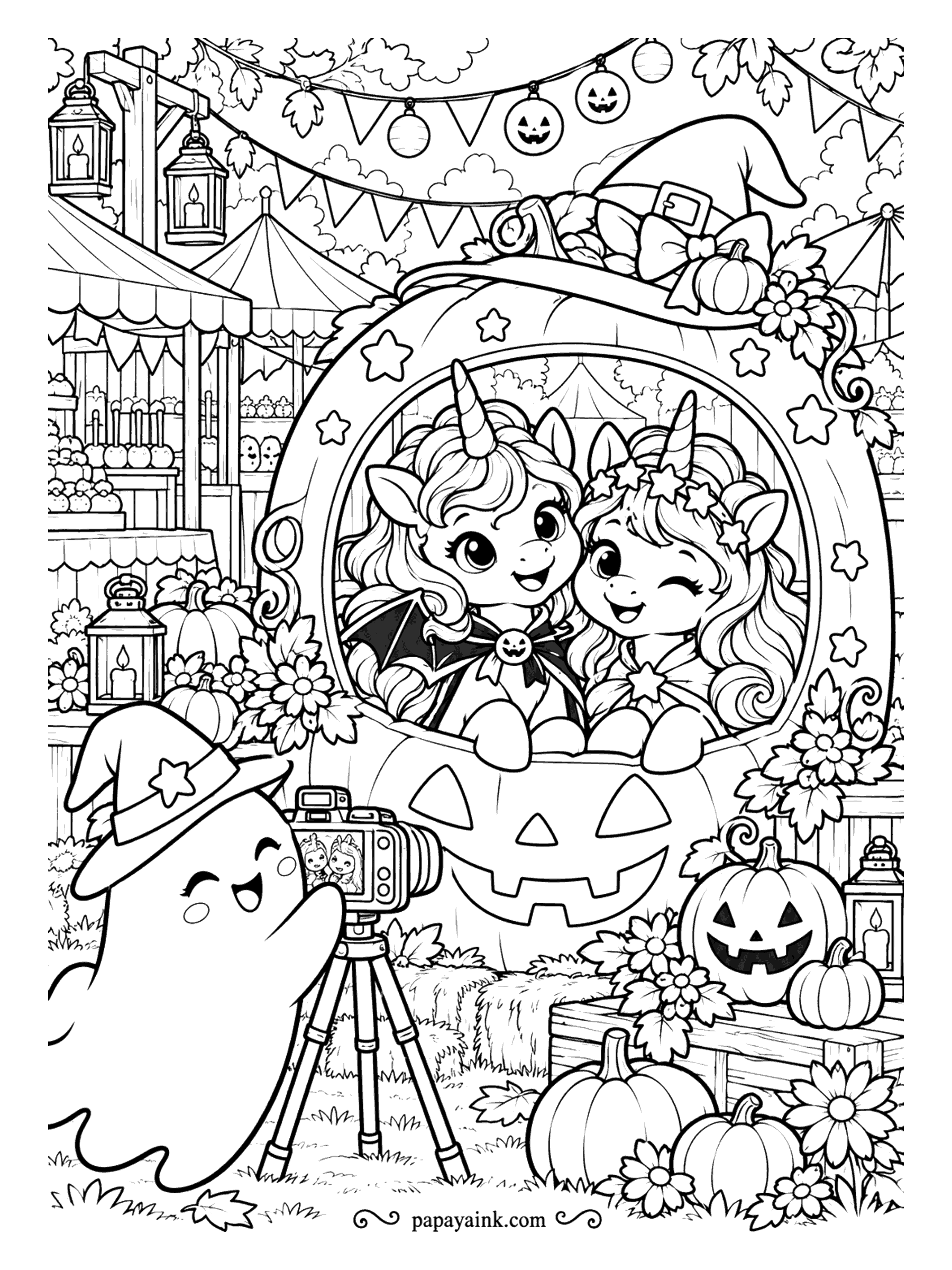Halloween Unicorn Coloring Pages - Squeeze in, there is room for both. A bat-winged unicorn and her friend with a flower crown pose inside the pumpkin frame, and a ghost photographer in a witch hat takes the shot from a tripod. Carnival tents and bunting behind.