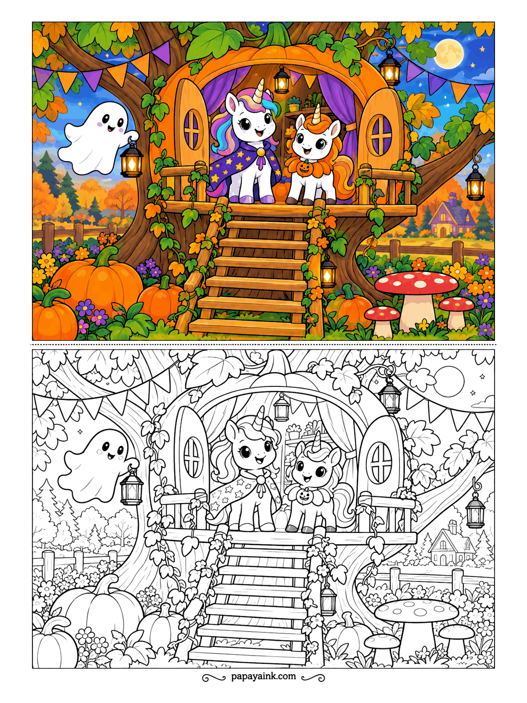 Halloween Unicorn Coloring Pages - A treehouse carved from a pumpkin, lanterns on every branch. Two unicorns wave from the doorway at a ghost arriving with its own light, and spotted mushrooms grow by the stairs. Detailed - vines, bunting and a cottage far below.