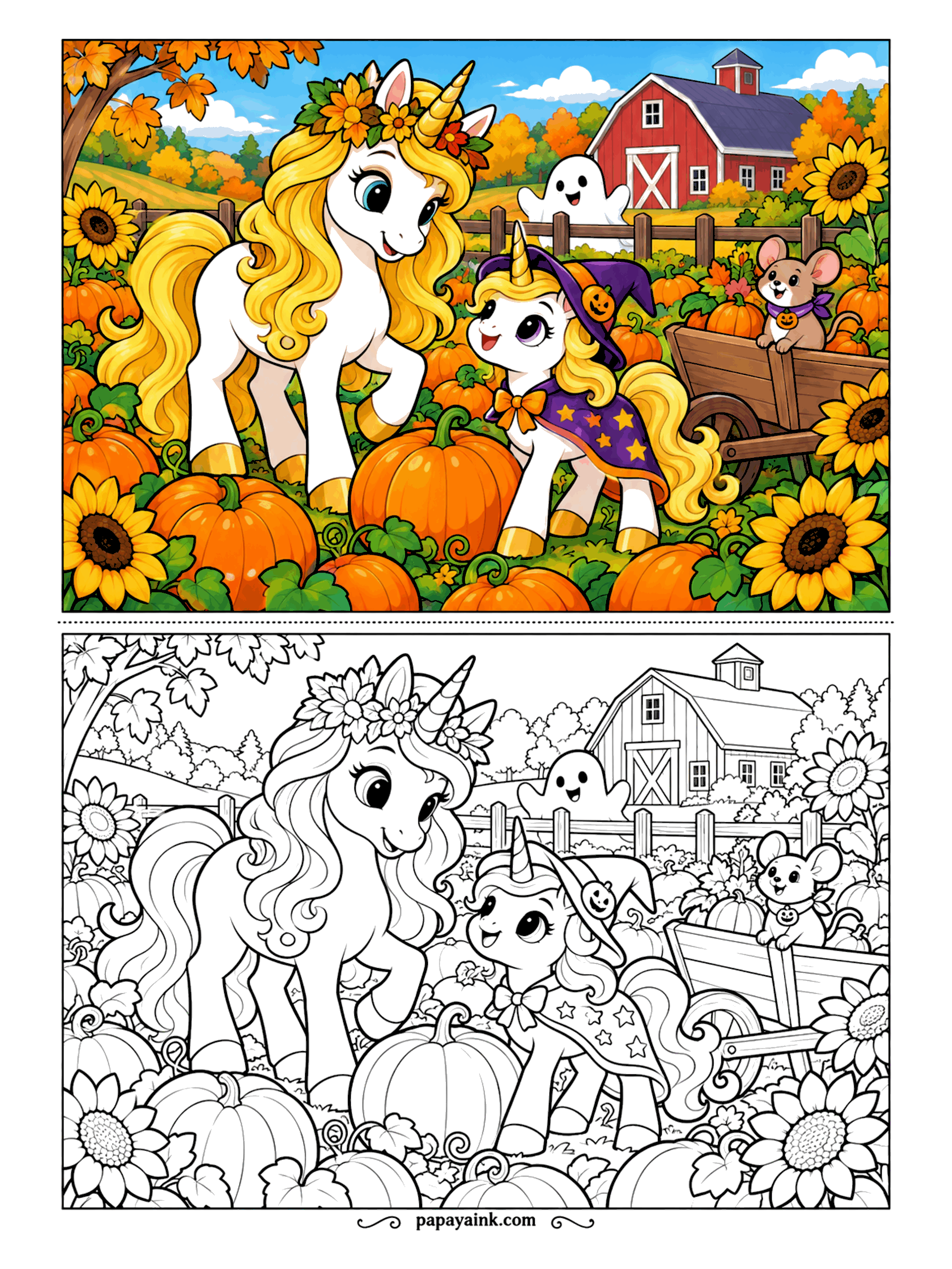 Halloween Unicorn Coloring Pages - Pumpkin picking with a sunflower border. A golden-maned unicorn leads the way, a filly in a witch cape has already chosen hers, and a mouse rides the wheelbarrow. The barn and the ghost by the fence are simple background shapes.