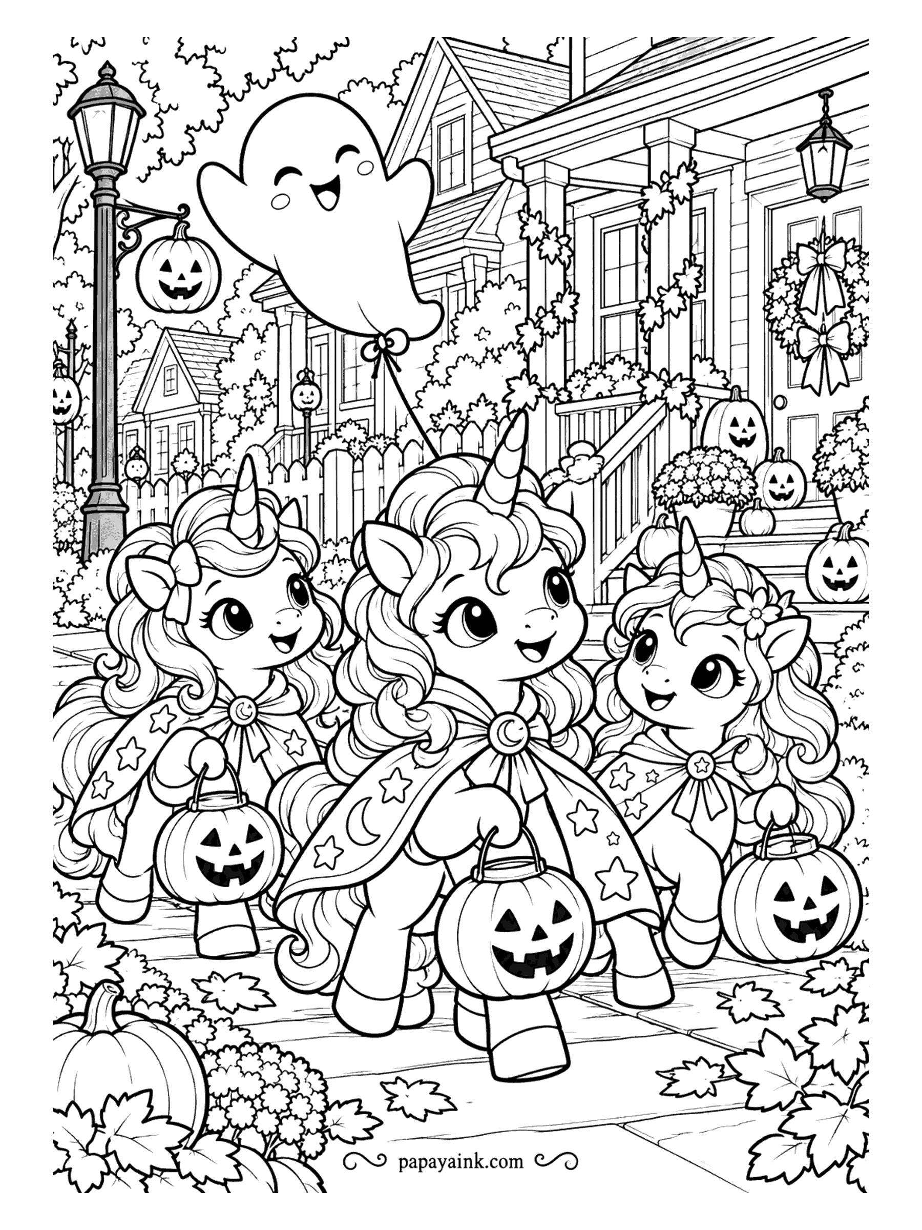 Halloween Unicorn Coloring Pages - Three capes, two jack-o-lantern lanterns and one ghost balloon. The unicorns head down the sidewalk past the streetlamp at dusk, the ghost bobbing along behind on its string. Porches, wreaths and leaves fill the rest of the page.