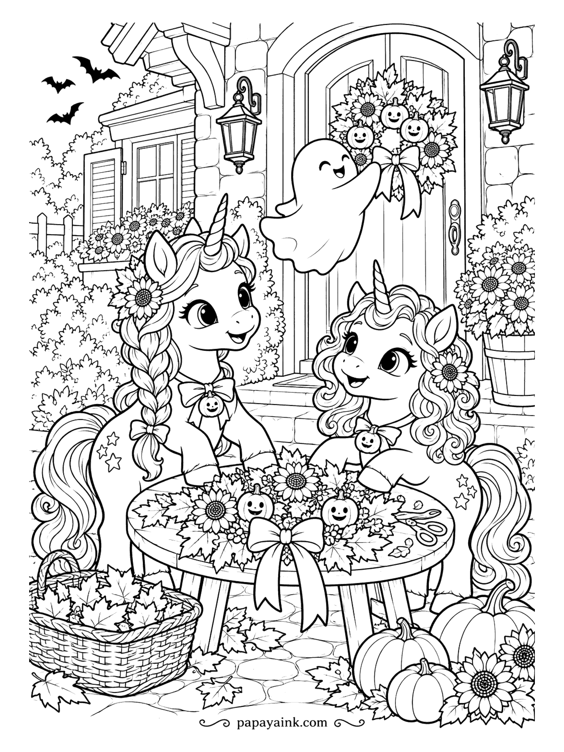 Halloween Unicorn Coloring Pages - Who gets to hang the wreath? The ghost does, on the front door, while two unicorns twist sunflowers, leaves and tiny jack-o-lanterns into the next one at the garden table. Detailed - stone walls, shutters, a basket of leaves.
