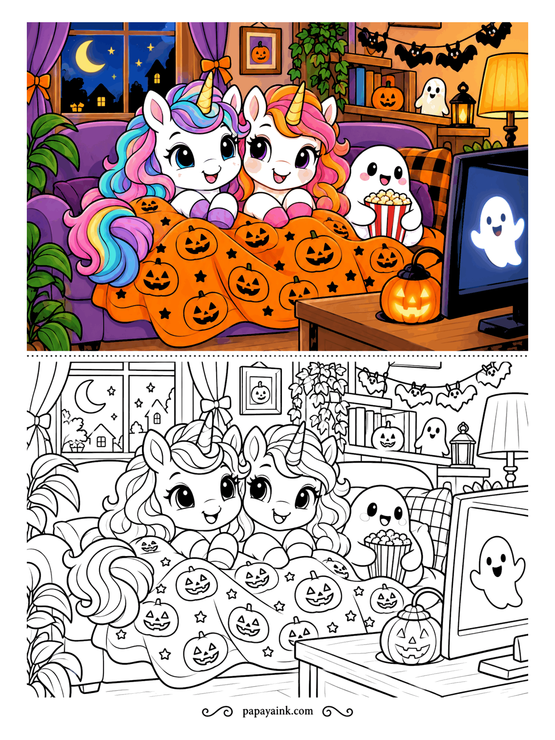 Halloween Unicorn Coloring Pages - Movie night under one blanket. Two unicorns and a ghost with popcorn watch a cartoon ghost on screen, and nobody is scared in the slightest. The jack-o-lantern blanket is the main job here - one smiling pumpkin after another.