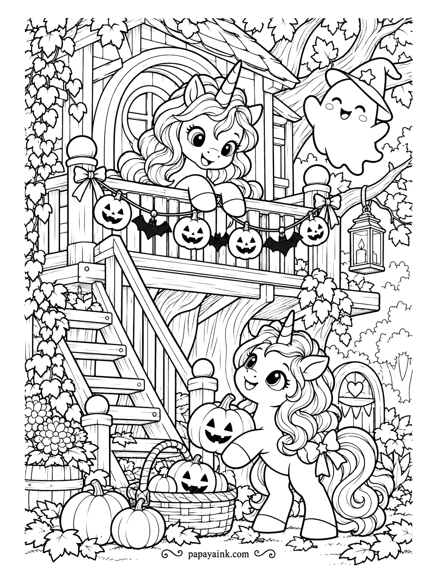 Halloween Unicorn Coloring Pages - The treehouse is ready for visitors. One unicorn leans over the railing to wave, a ghost drifts up with the pumpkin garland, and a filly below carries a jack-o-lantern toward the stairs. Detailed - vines, lanterns and a basket of pumpkins.