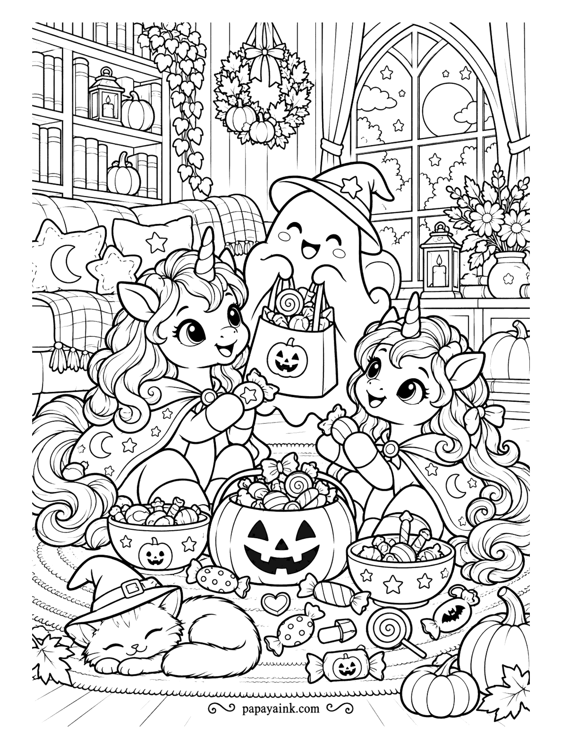 Halloween Unicorn Coloring Pages - Candy swap on the living-room rug. A unicorn holds out the orange bag, the ghost in a witch hat picks first, the filly already has hers, and a kitten in a witch hat sleeps beside the jack-o-lantern bowl. Wreath, lanterns and a round window.