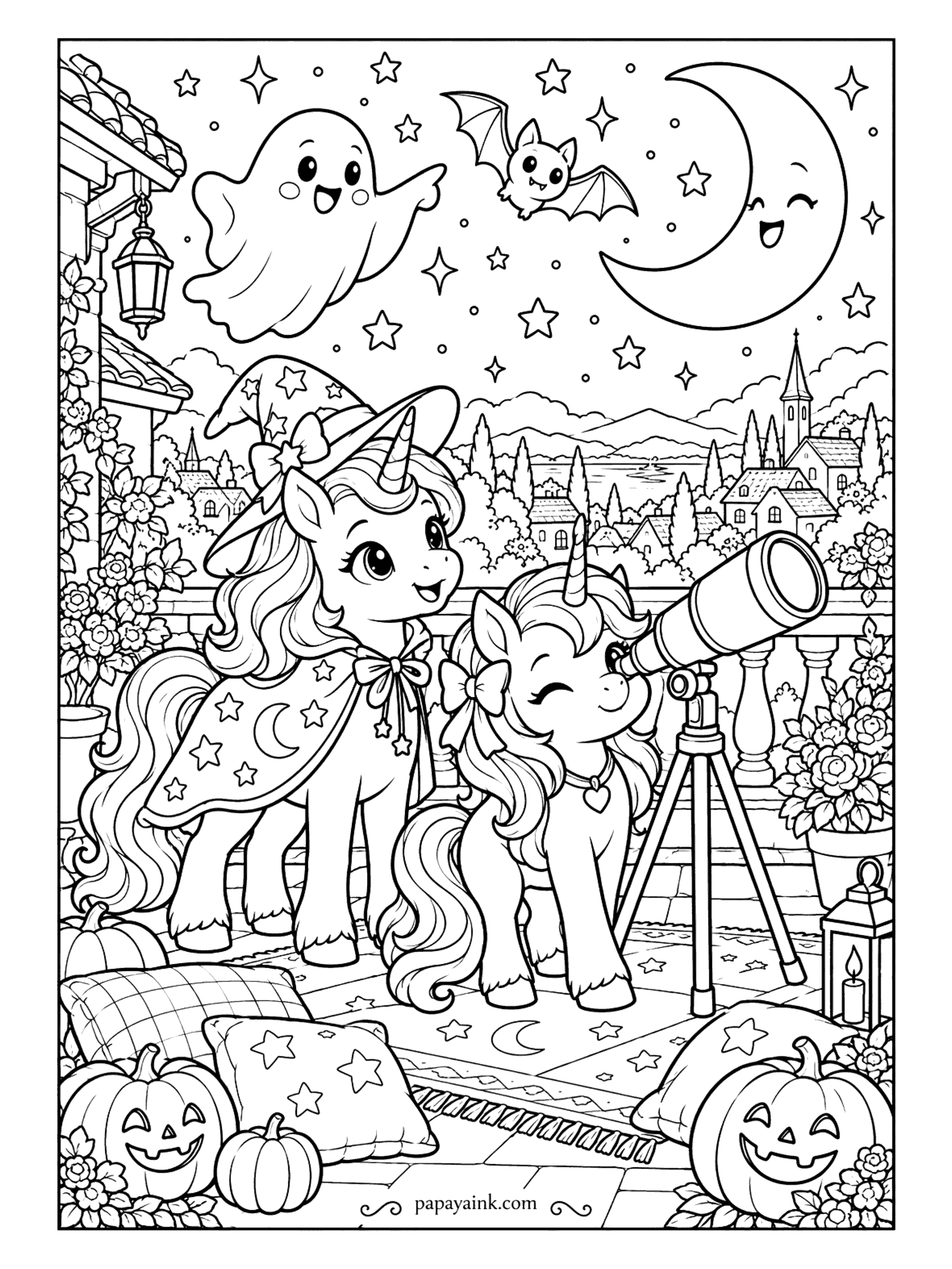 Halloween Unicorn Coloring Pages - Rooftop stargazing with a telescope pointed straight at the crescent moon. One unicorn looks, one waits her turn, and a ghost and a bat drift across a sky full of stars. The spire and hills below are simple shapes - let the moon glow.