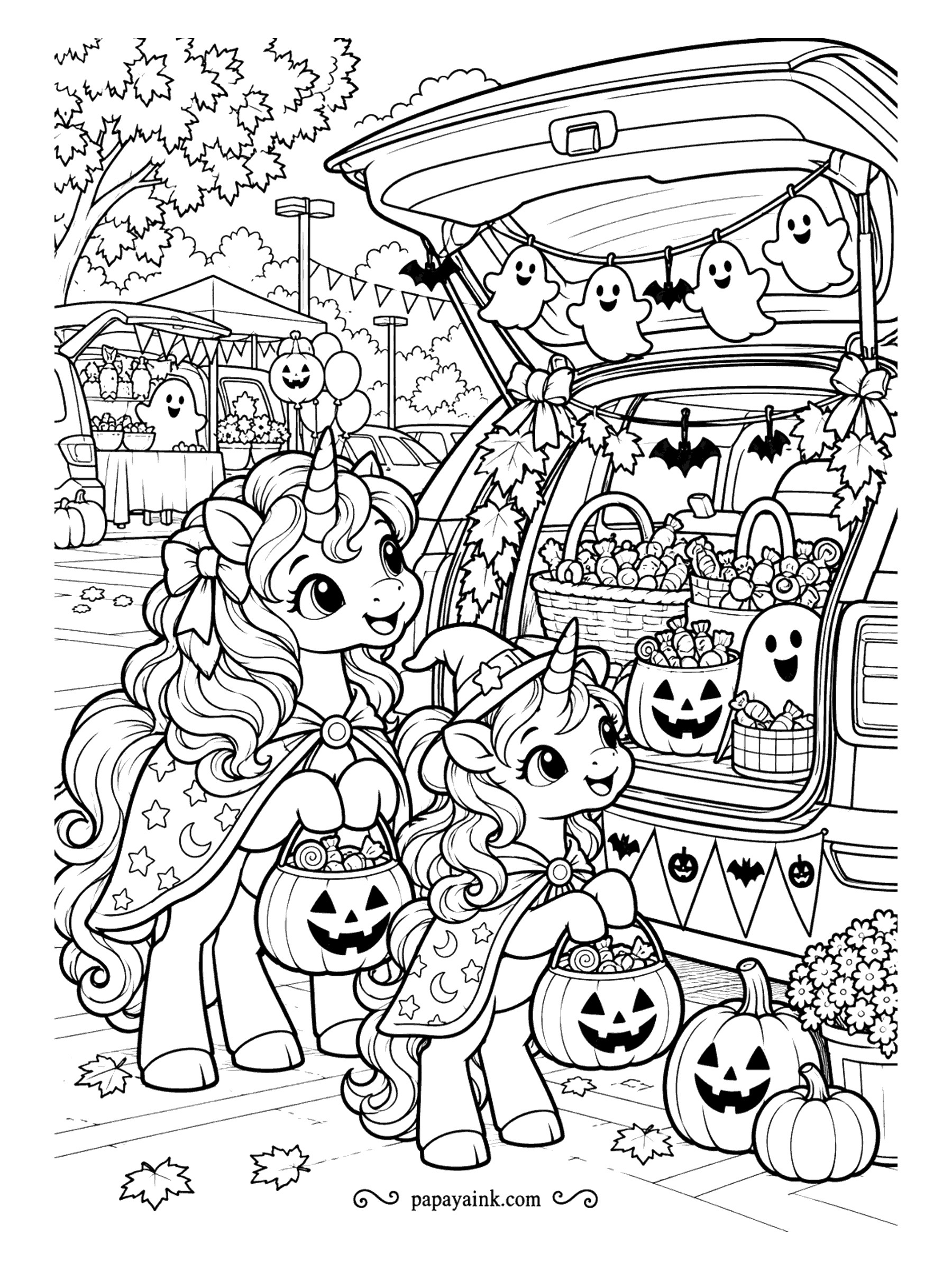 Halloween Unicorn Coloring Pages - The trunk is open and the ghost garland is up. A unicorn in a star cape and a filly in a pointed hat hold out their buckets, and a ghost pokes up from the pumpkin basket inside. Bats, bunting and pumpkins all around.