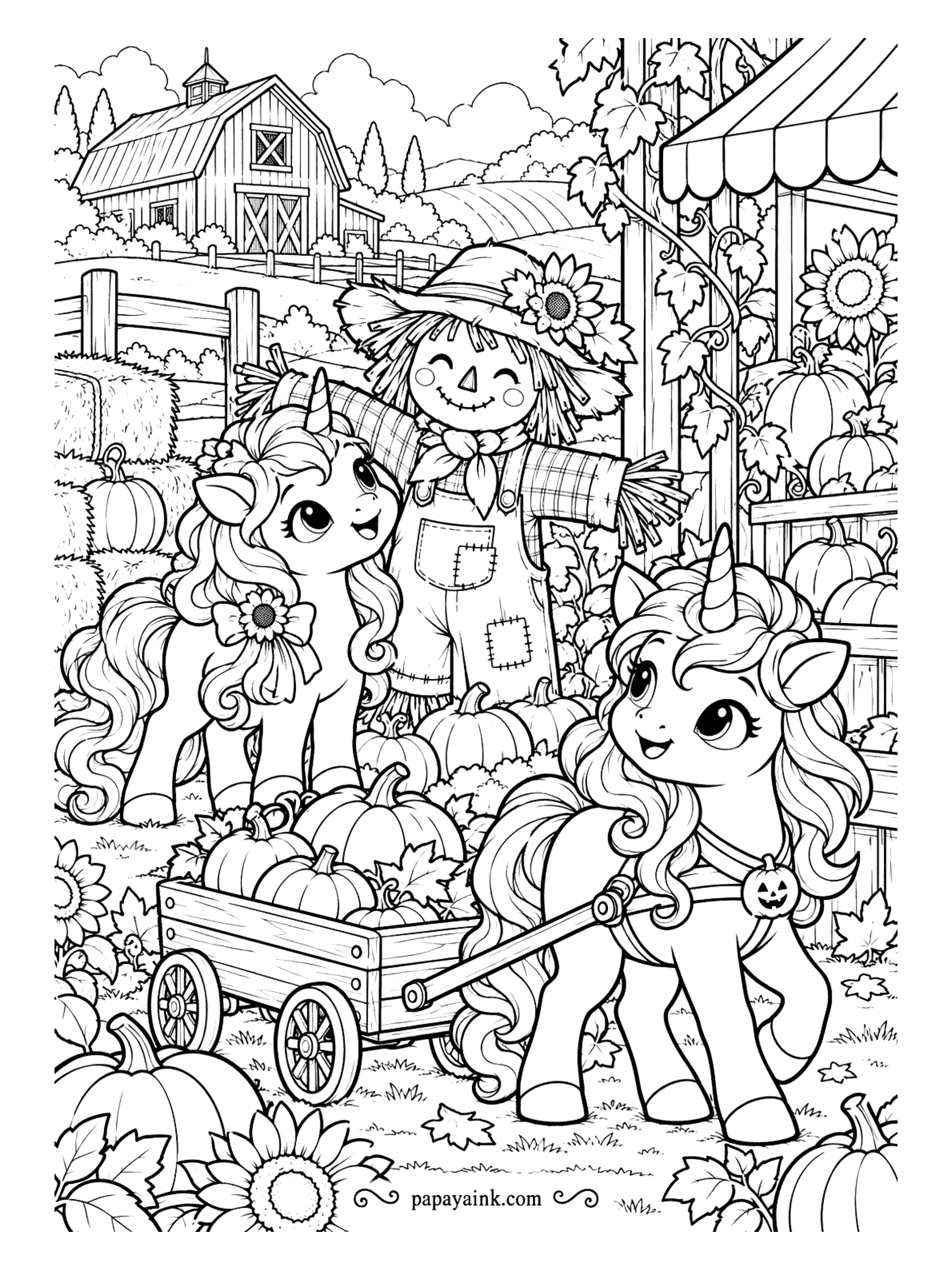 Halloween Unicorn Coloring Pages - Pumpkin picking in the field. One unicorn pulls the wooden wagon of pumpkins, the other poses beside a scarecrow in patched overalls, and the red barn and hay bales sit behind. Sunflowers in the corners make a natural frame.