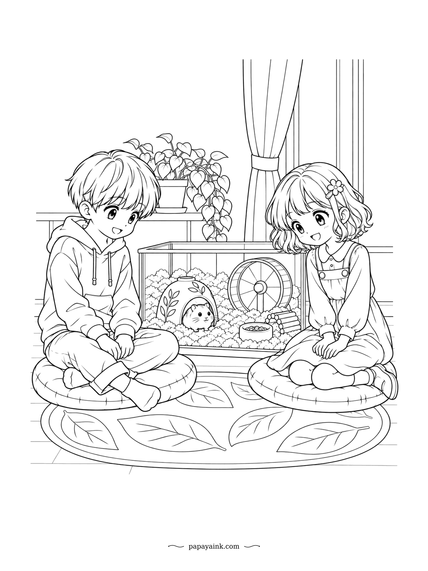 Cute Anime Coloring Pages - Inside the glass habitat a hamster peeks out of its little house beside the exercise wheel. Two quiet watchers on floor cushions barely breathe. A trailing plant and a patterned rug finish the room.