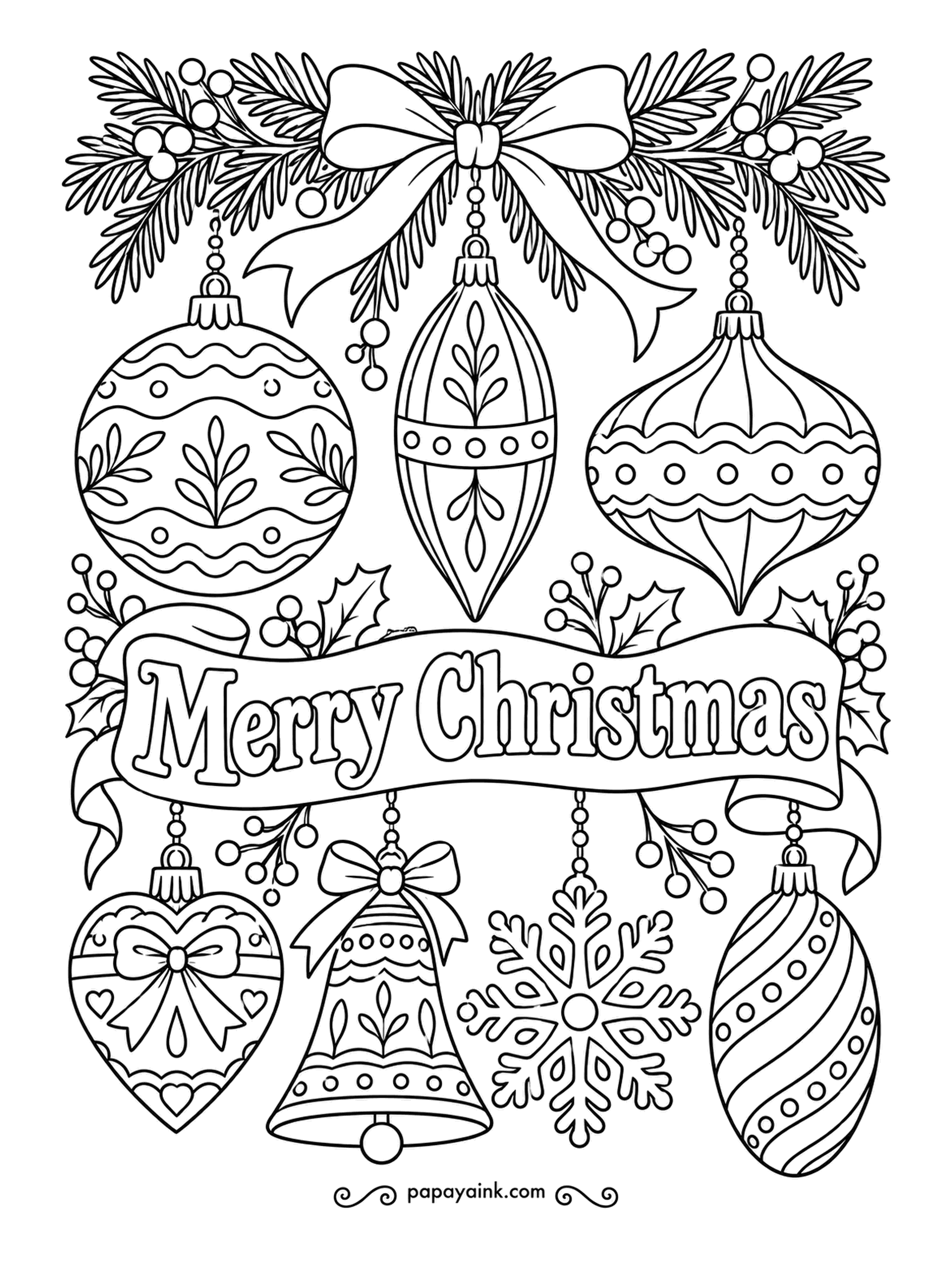 Merry Christmas Coloring Pages - Ornaments above the greeting, ornaments below it - a heart, a bell, a snowflake and a few drops straight from the glassblower. Detailed - jewel tones work here, one main color per bauble with gold caps.