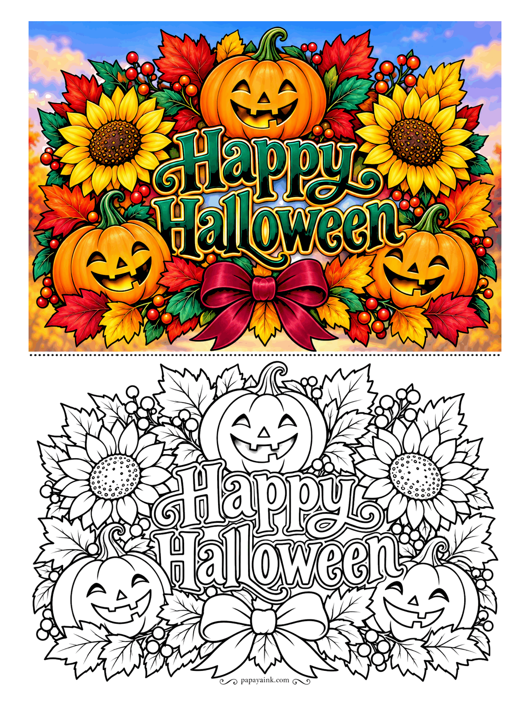 Halloween Coloring Pages - Sunflowers, maple leaves, berries and three jack-o'-lanterns ring the greeting, with a bow tied at the bottom. Detailed - a slow, satisfying wreath for adults, best with sharp pencils.