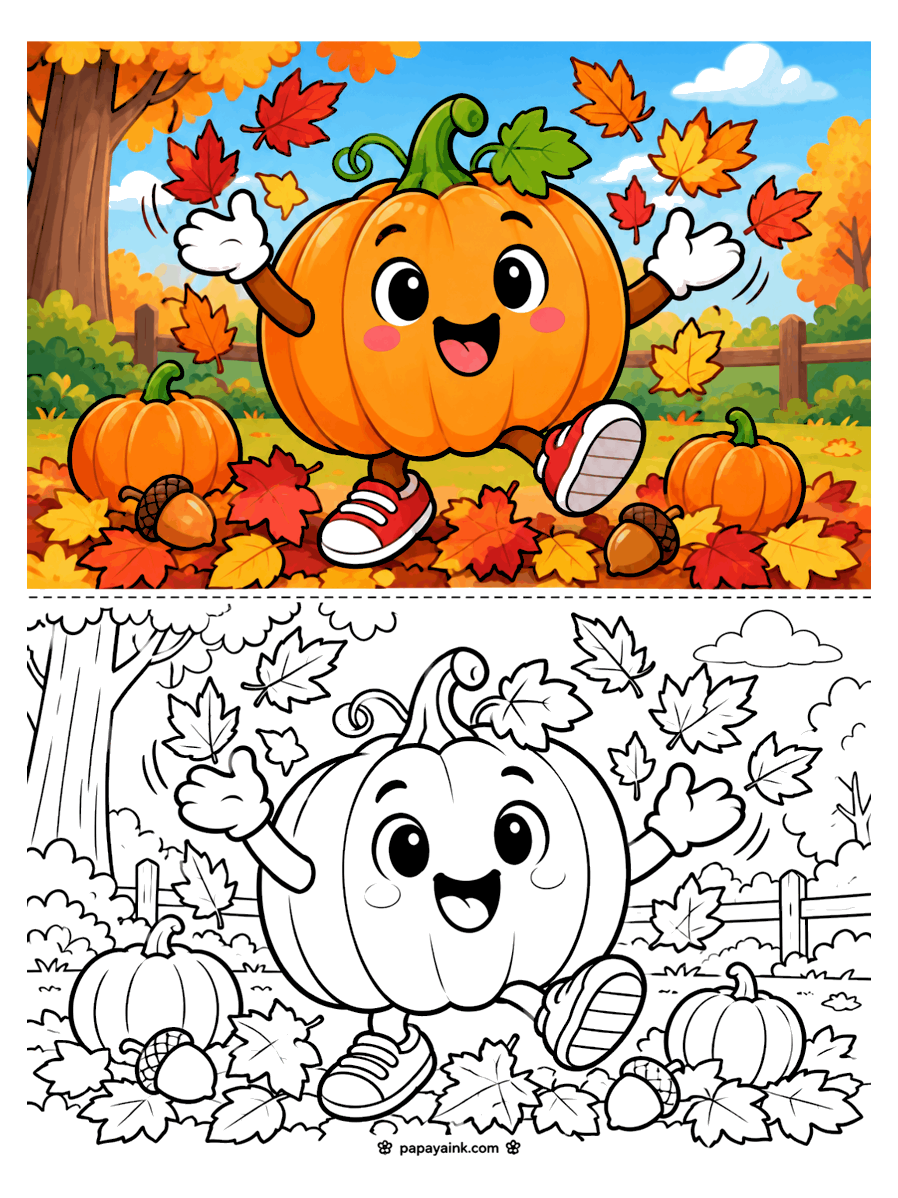 Pumpkin Coloring Pages - A round pumpkin with a big smile, white gloves, and red sneakers dances through a pile of maple leaves and acorns in front of a wooden fence.