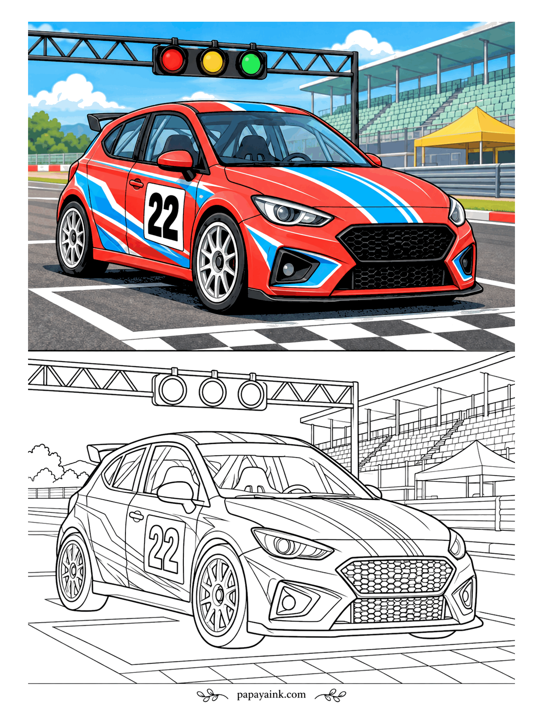 Race Car Coloring Pages - A hot hatch on the grid, waiting for the lights to go out. Red paint, blue racing stripes over the hood, a 22 on the door. Small grandstand and canopy behind - mostly straight lines.
