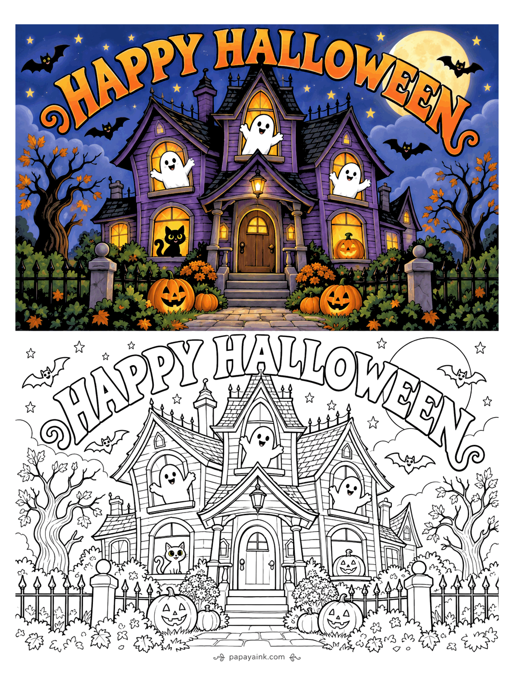 Halloween Coloring Pages - A purple Victorian haunted house with ghosts waving from every lit window, a black cat on the sill and jack-o-lanterns by the gate. Detailed