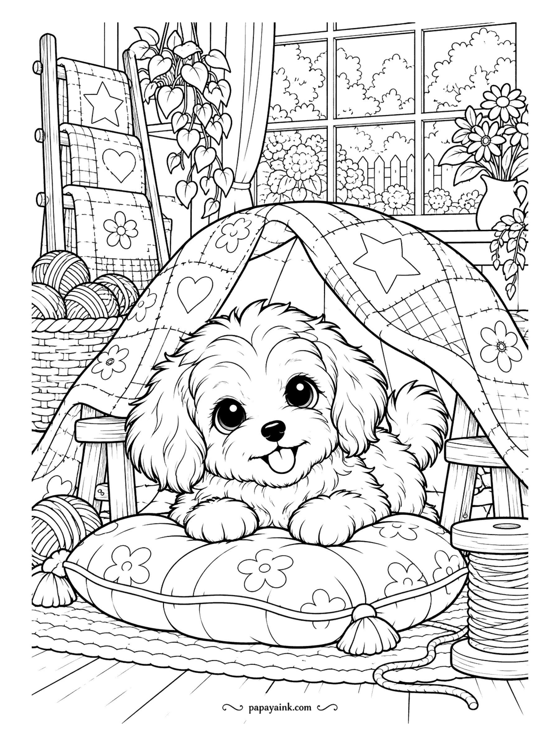 Puppy Coloring Pages - Fort built, fort occupied. A Havanese puppy looks out from under a patchwork quilt draped over two chairs, with a basket of yarn and a spool beside it. Every quilt square can be a different color - nobody will stop you.