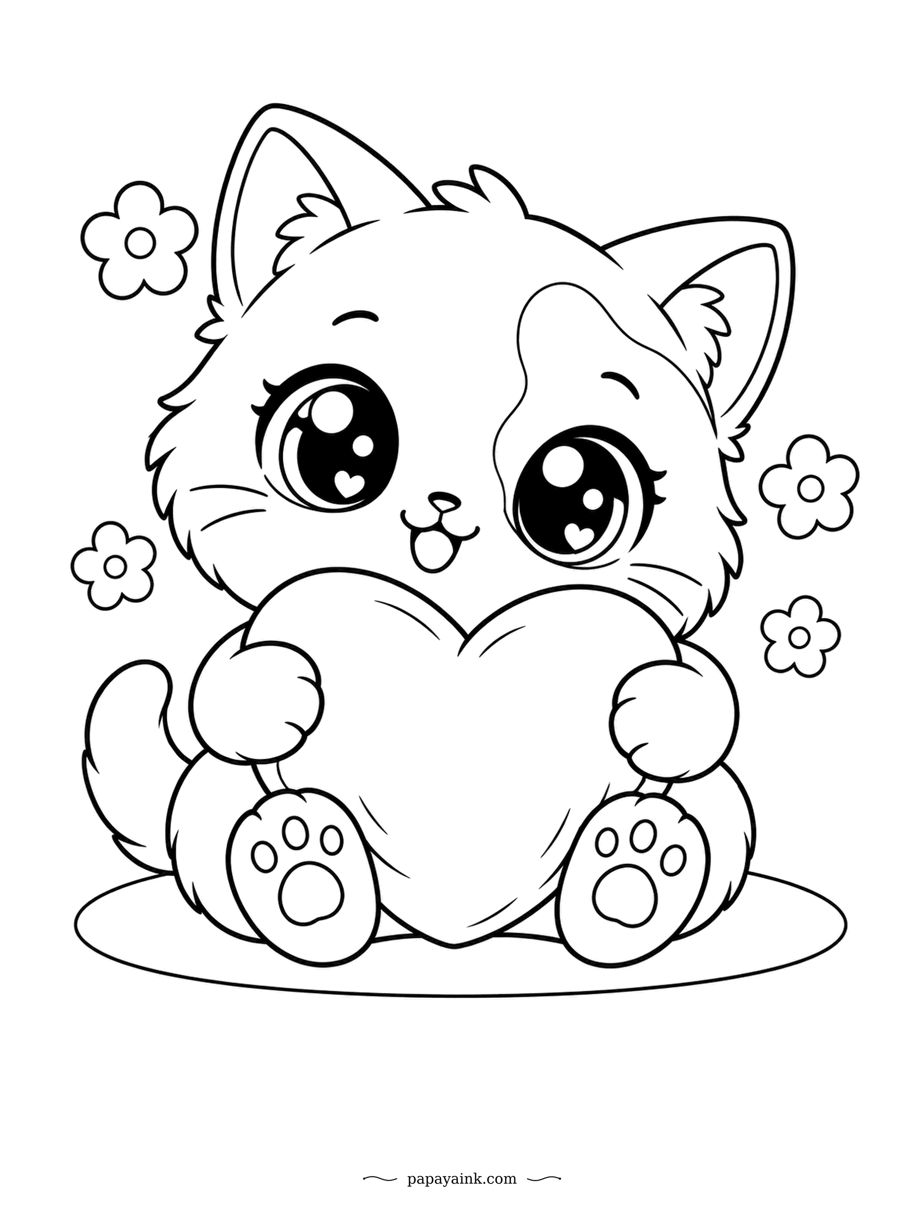 Kawaii Cat Coloring Pages - Hugging a heart-shaped cushion nearly as big as itself, this little one shows off two paw pads and a delighted smile. A few blossoms float around it. Thick lines and large spaces - perfect for markers.