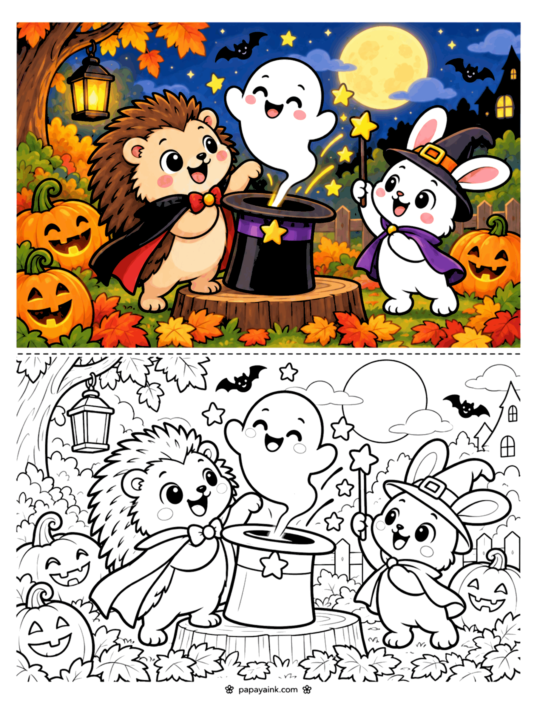 Easy Cute Halloween Coloring Pages - Hedgehog magician and bunny witch pulling a giggling ghost out of a top hat