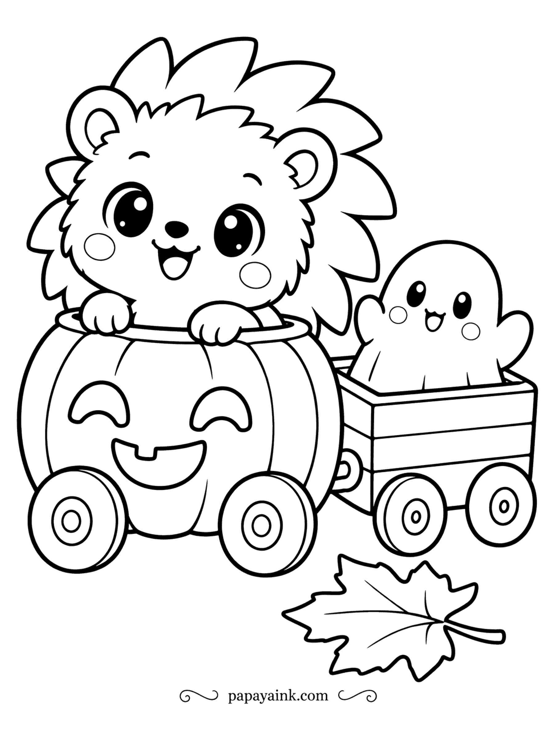Easy Cute Halloween Coloring Pages - Pumpkin car with a hedgehog at the wheel, towing a little cart with a ghost passenger. Wheels, hubs and a leaf on the road. Spines are the fun part - alternate two browns along the back.