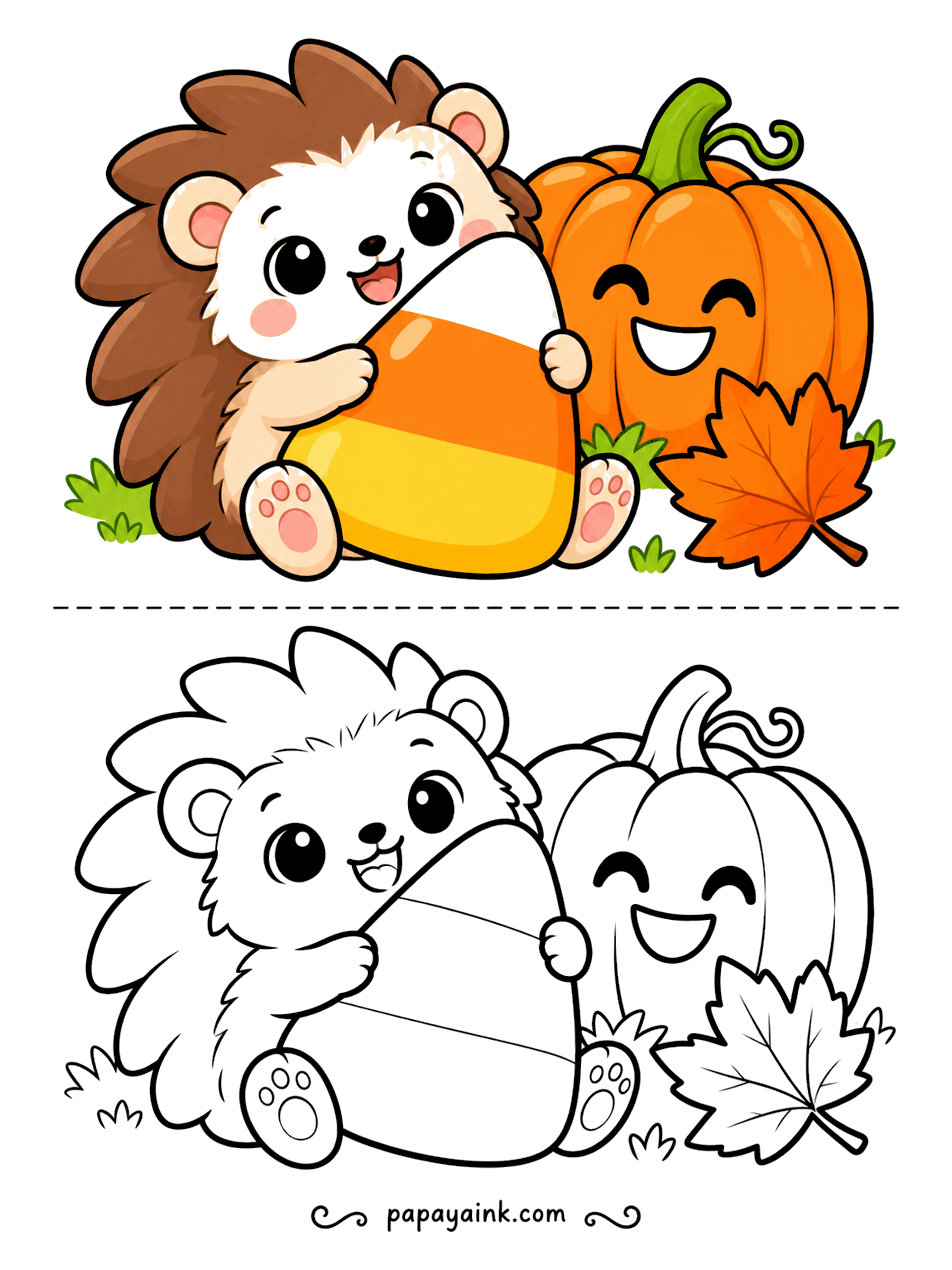 Easy Cute Halloween Coloring Pages - This hedgehog has found a candy corn bigger than itself and is not sharing. A friendly pumpkin keeps watch at its side. Color the candy corn in three clean bands - white tip, orange middle, yellow base - like the real thing.