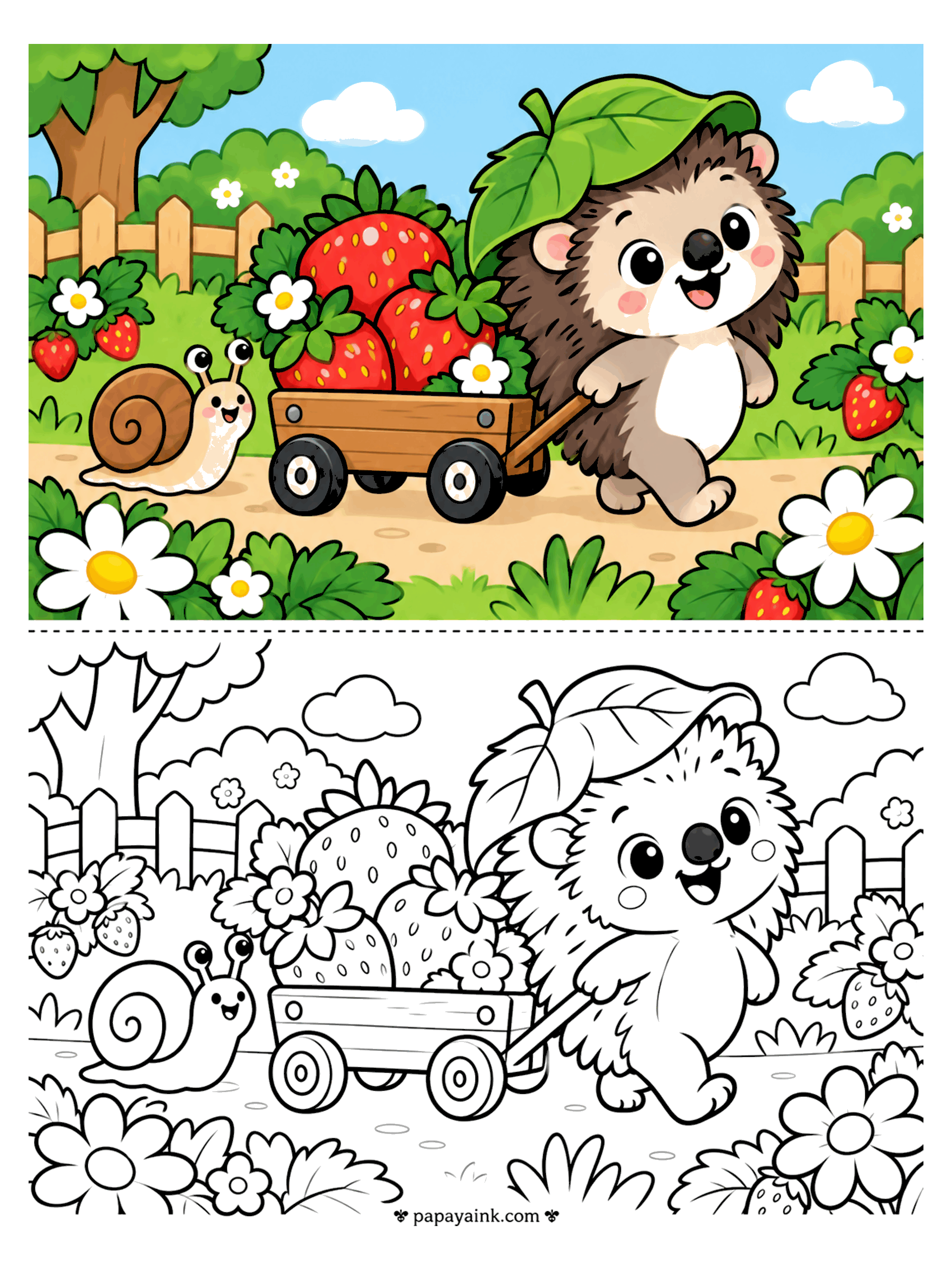 Copy Coloring Pages - Copy coloring page of a hedgehog pulling a wagon full of strawberries past a smiling snail (Detailed)