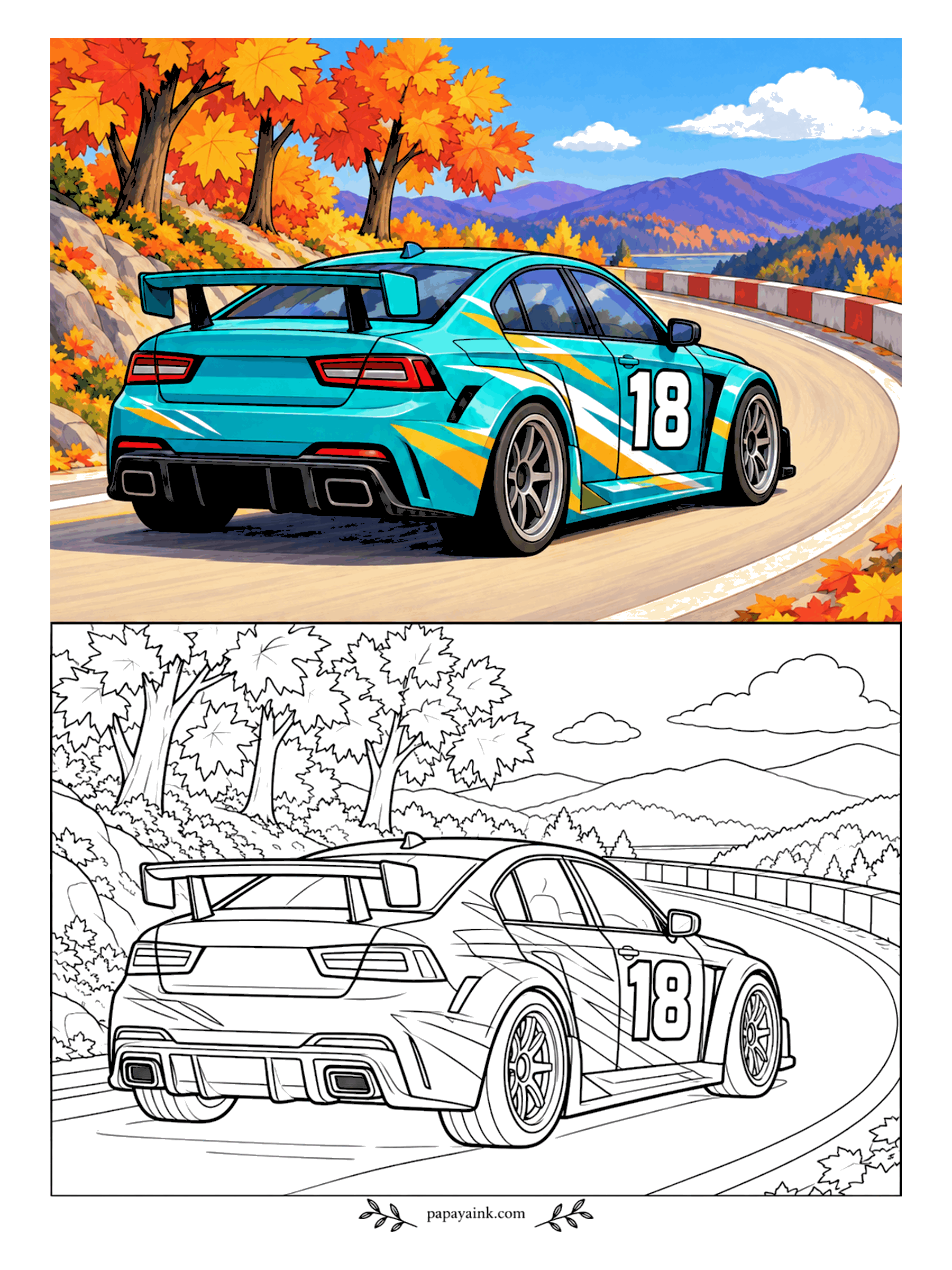 Race Car Coloring Pages - Seen from behind for once: a teal sedan climbs a mountain road through maples in full fall color, its rear wing big enough to set a tray on. Orange and gold leaves against teal paint - a ready-made palette.