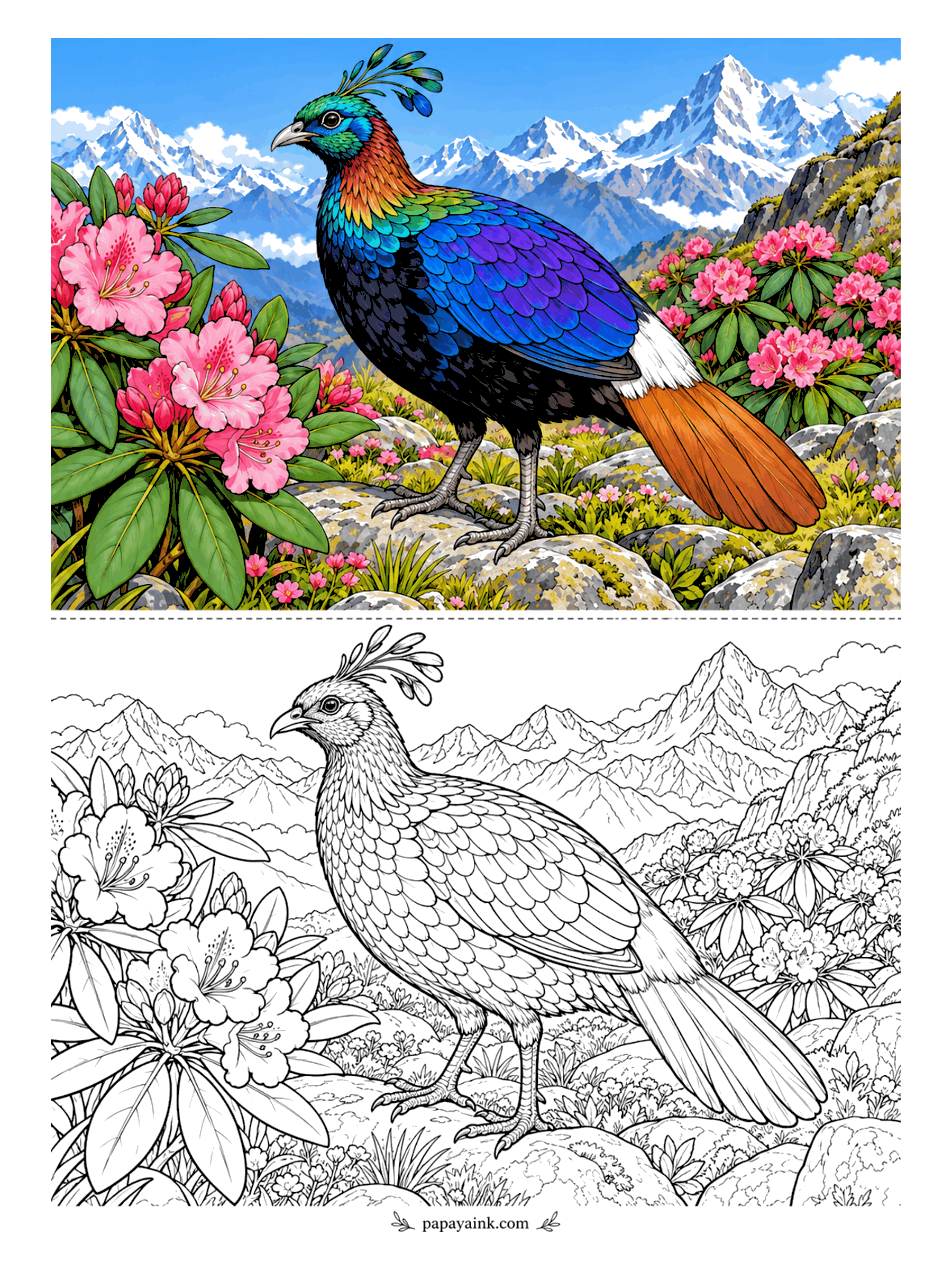 Bird Coloring Pages - Nepal's national bird, and it looks the part. A Himalayan monal stands on a rocky slope among pink rhododendrons, snow peaks behind. Copper neck, green back, blue and violet body, a chestnut tail; metallic pencils earn their keep here. Detailed.