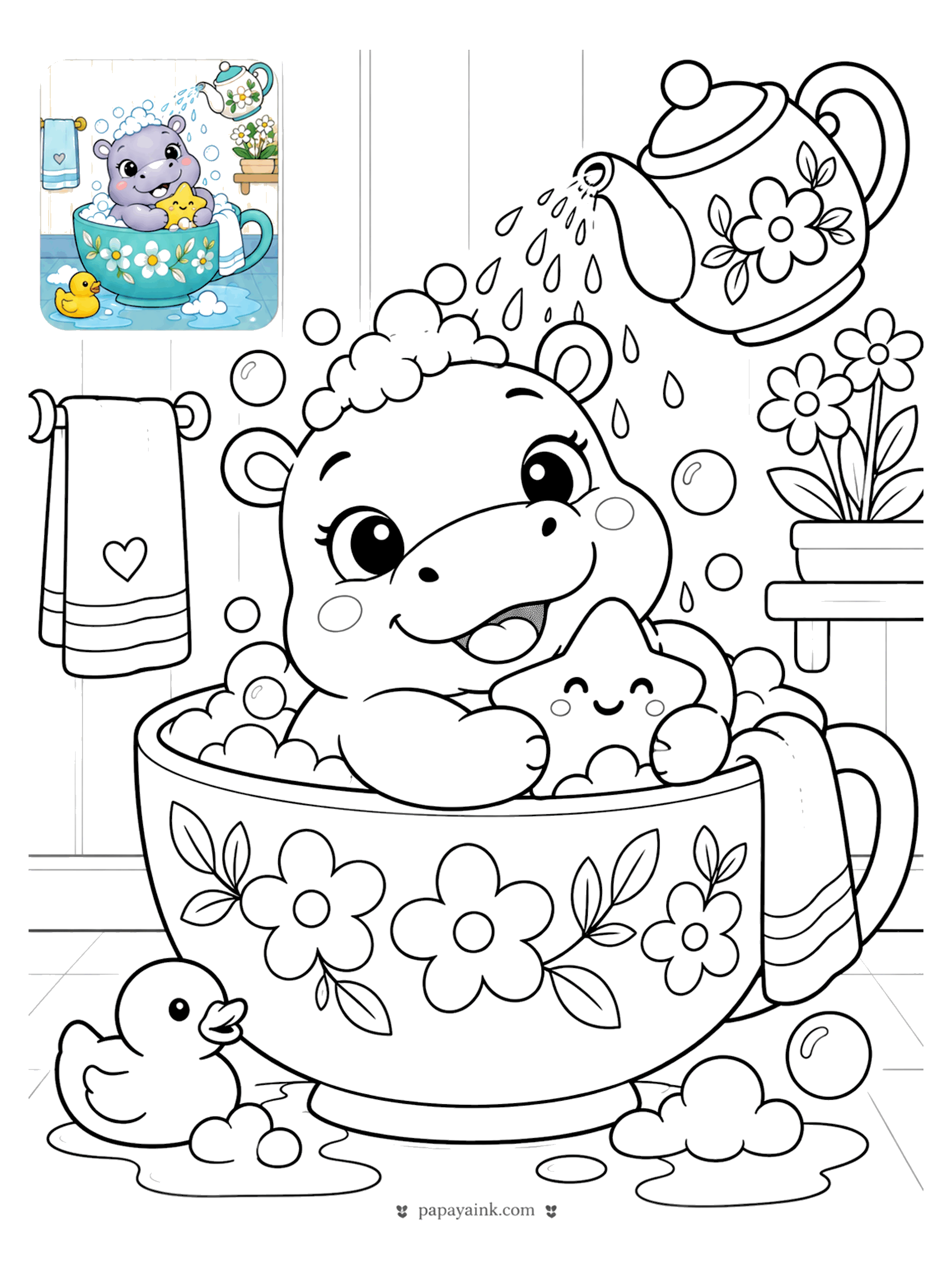 Color Guide Coloring Pages - Color guide coloring page of a baby hippo taking a bubble bath in a teacup with a starfish and a rubber duck