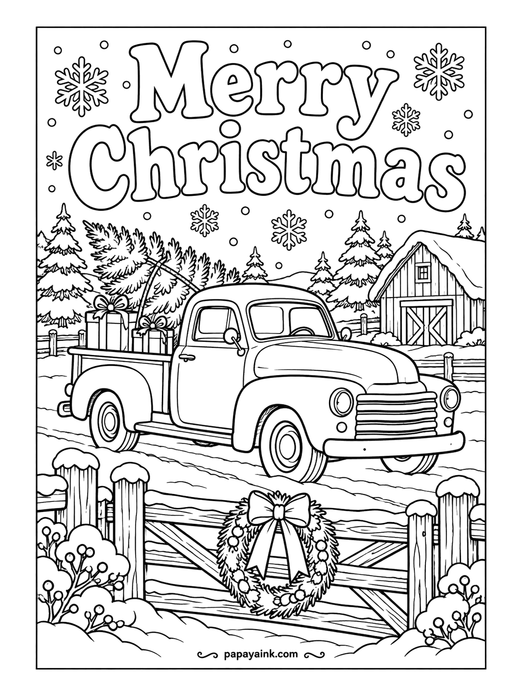 Merry Christmas Coloring Pages - Seen from the farm gate: the pickup heading home with a tree and two presents in the bed, the barn behind it under snow. A wreath hangs on the rails. Weathered wood likes gray-brown, with red saved for the truck.