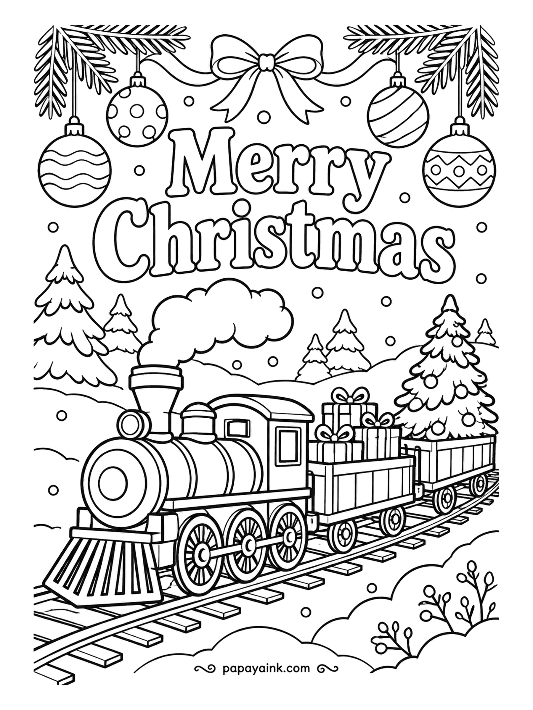 Merry Christmas Coloring Pages - Round the bend it comes, puffing one large cloud, with presents in the first wagon and a decorated tree in the second. Baubles swing overhead. Thick outlines and wide panels - friendly to crayons and small hands.