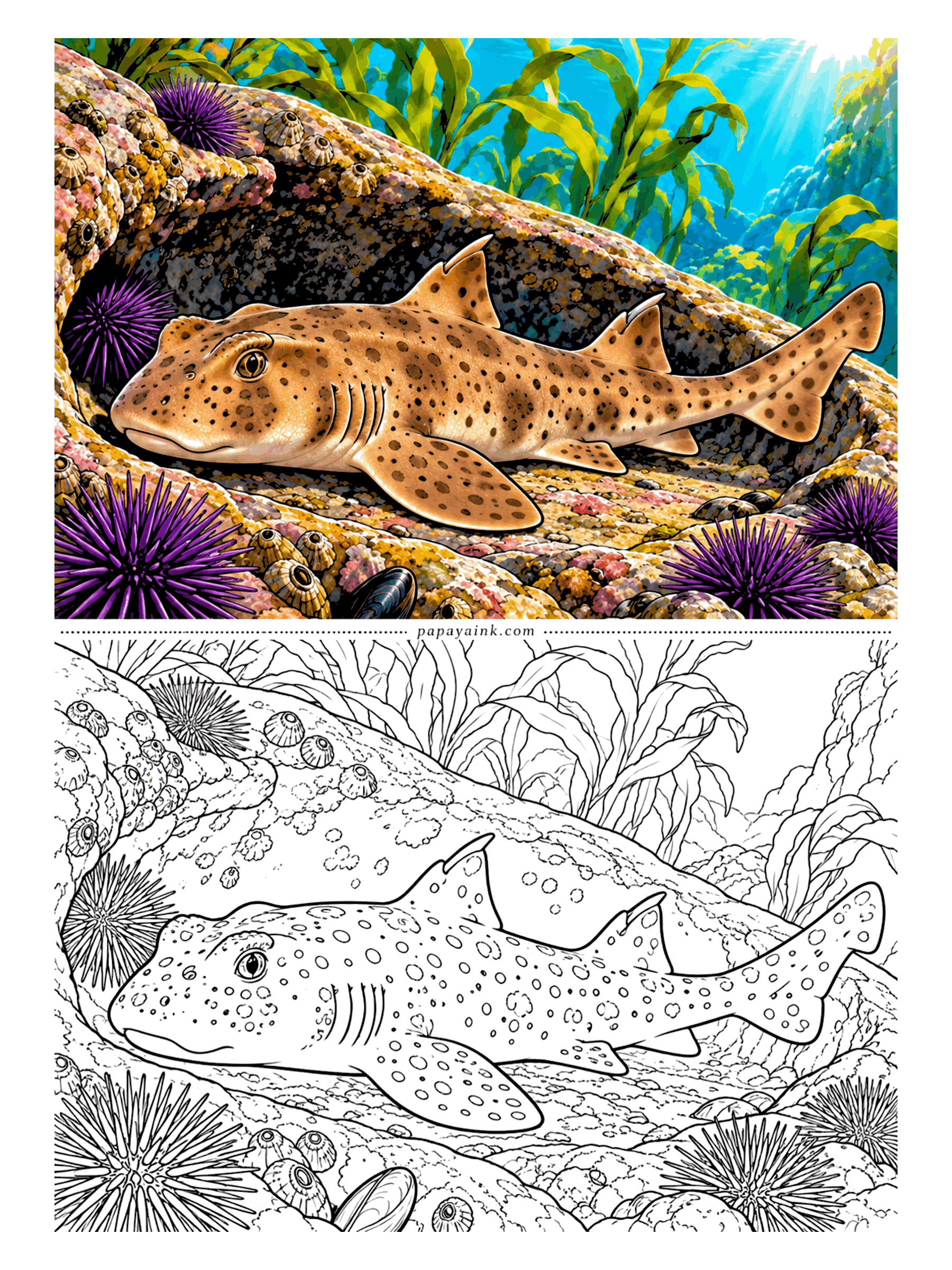 Shark Coloring Pages - Named for the short spines in front of its back fins, the horn shark hides in rocky caves by day and hunts sea urchins at night. It eats so many purple urchins that its teeth can turn purple. A detailed page, heavy on rock texture.