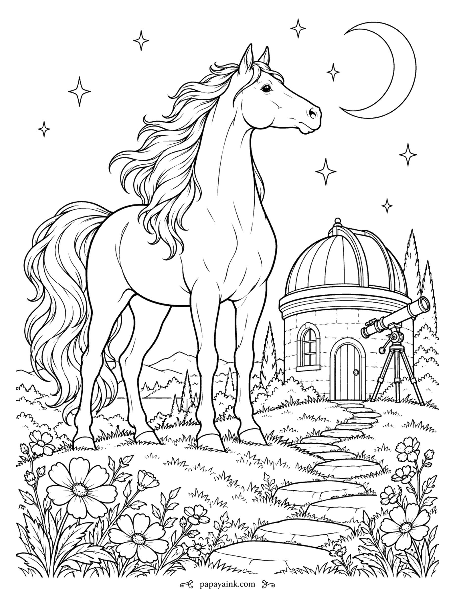 Horse Coloring Pages - Crescent moon, a scatter of stars and a domed observatory with a telescope on its terrace: the horse on the flowered hillside has stopped to look up. Stone steps climb the slope, cosmos flowers in front. Go deep blue on the sky and leave the stars white.