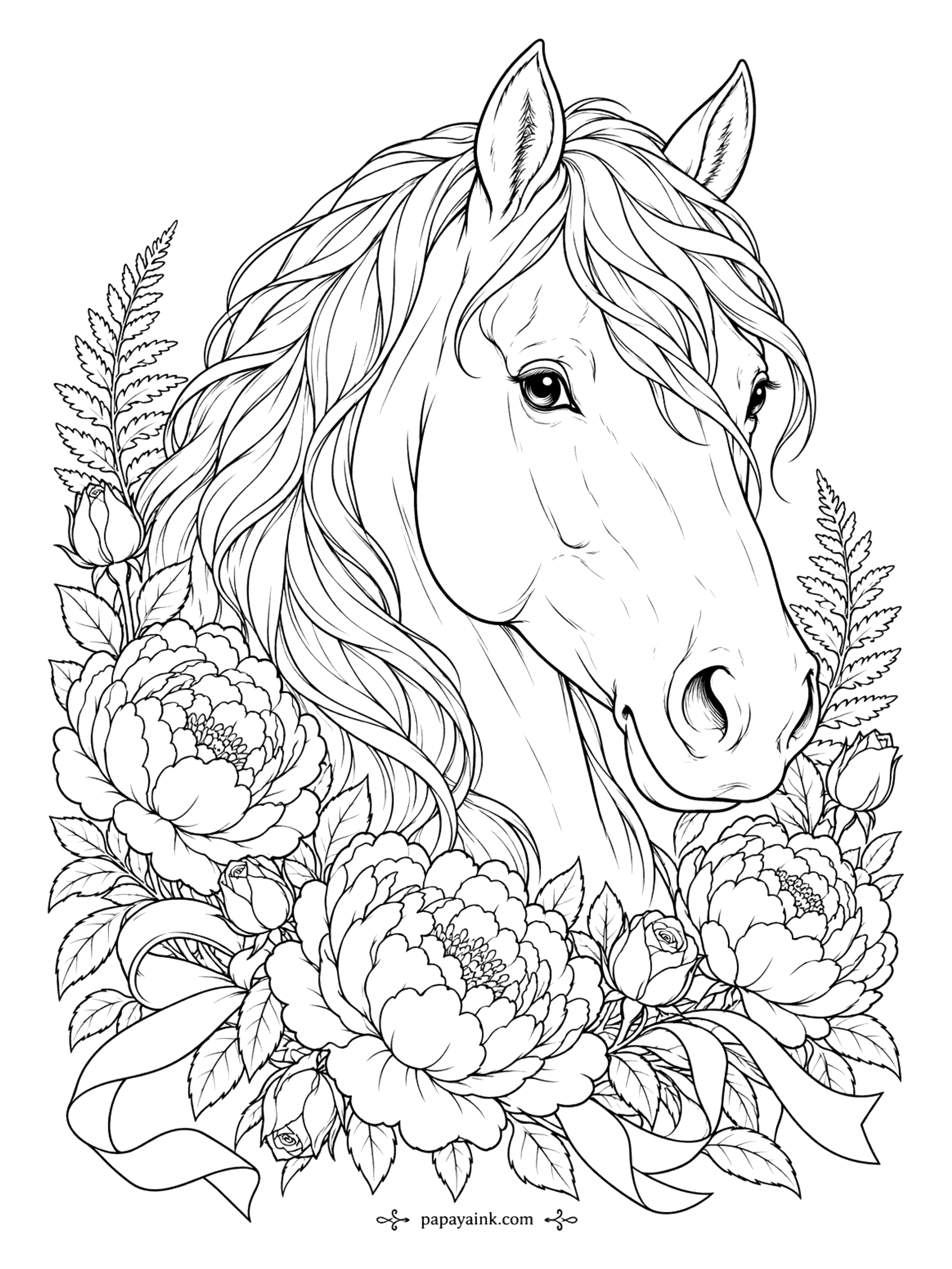 Horse Coloring Pages - Head and neck only, three-quarter view, a waterfall of mane down one side. Peonies, rosebuds, fern fronds and a loose ribbon frame the portrait. A page made for careful shading rather than scenery - take the muzzle and the eye slowly.