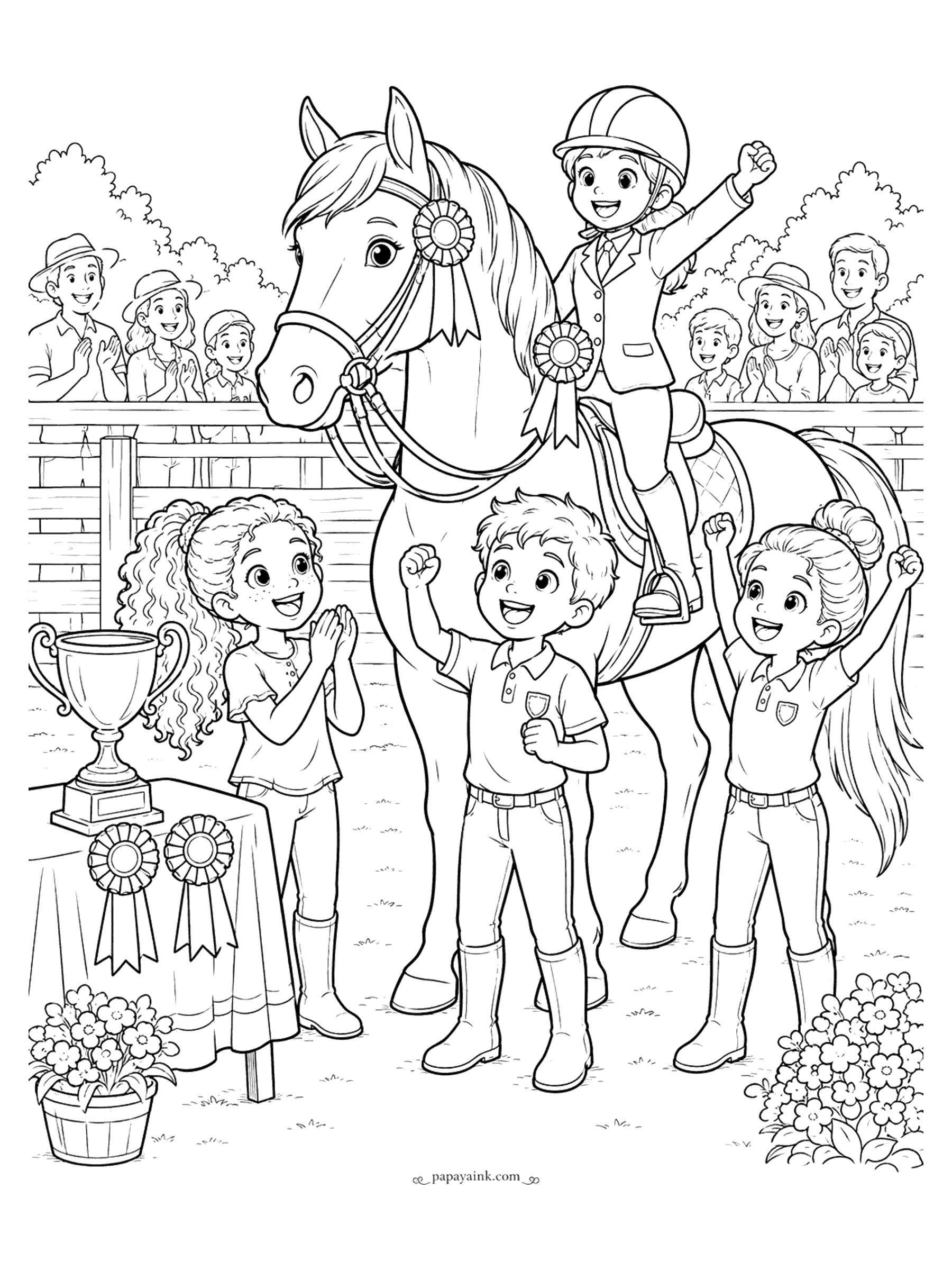 Horse Coloring Pages - A young rider raises her fist in victory on a ribbon-decked horse as friends cheer beside the trophy table and the crowd applauds.