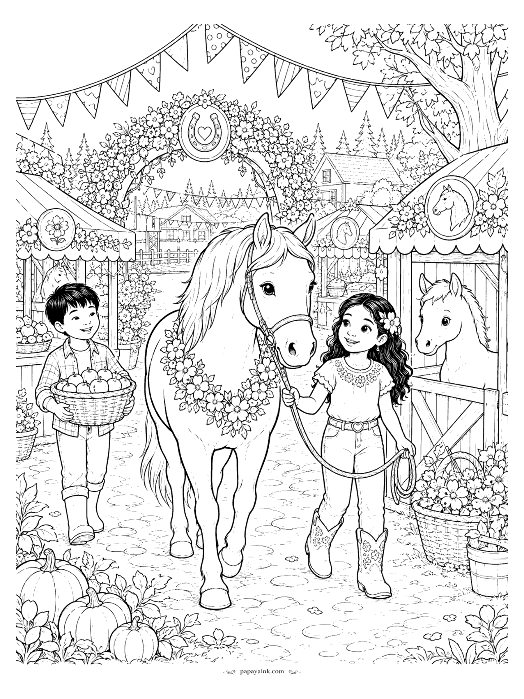 Horse Coloring Pages - A horse wearing a flower garland is led through a country fair with a horseshoe arch, bunting, market stalls and pumpkins, while a boy carries a basket of apples. Detailed.