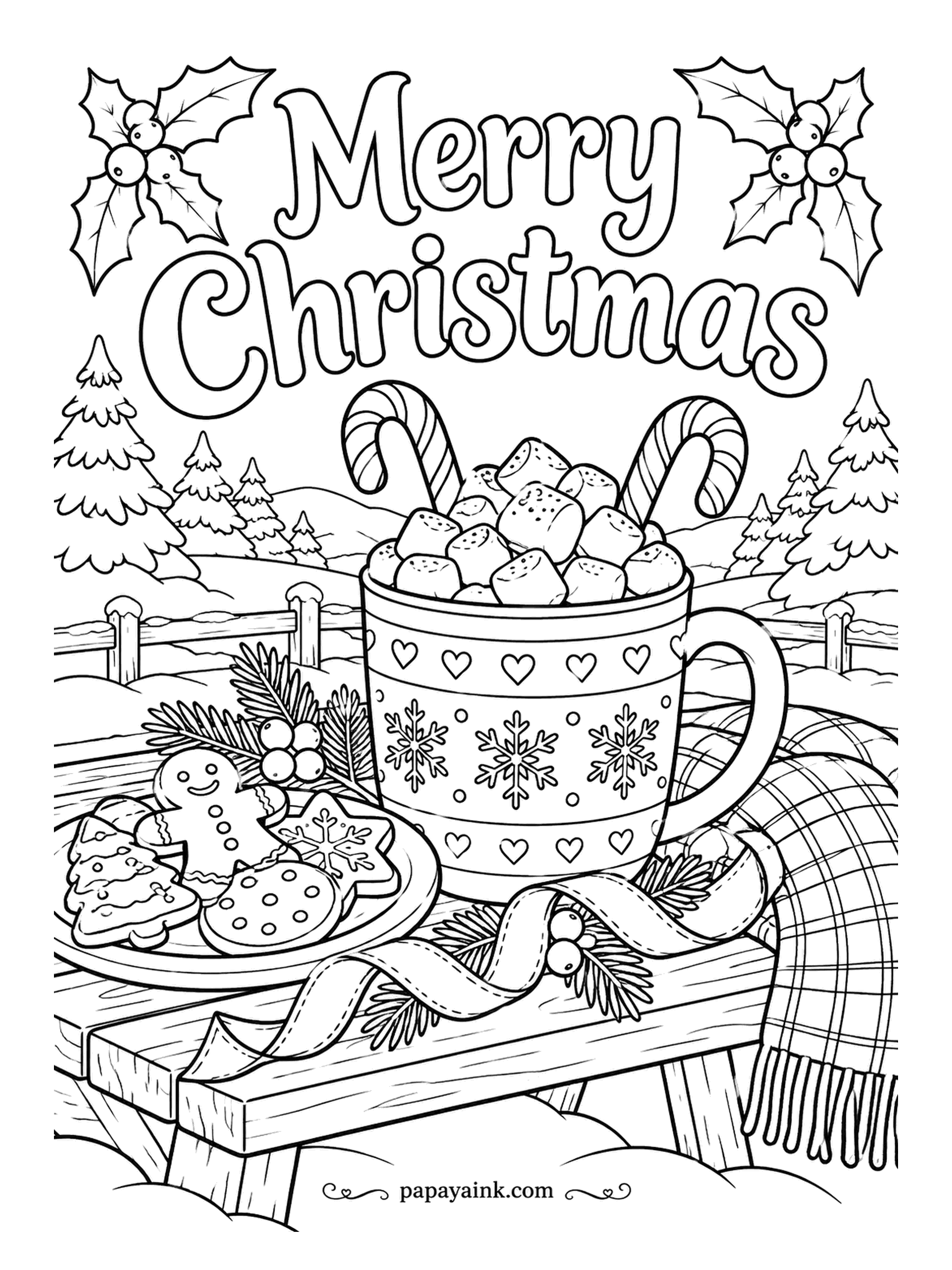 Merry Christmas Coloring Pages - Cocoa outdoors, on a bench in the snow, with two candy canes hooked over the rim and a plate of cookies within reach. A plaid blanket hangs off the end. Detailed - plaid is simpler than it looks: two colors, crossed.