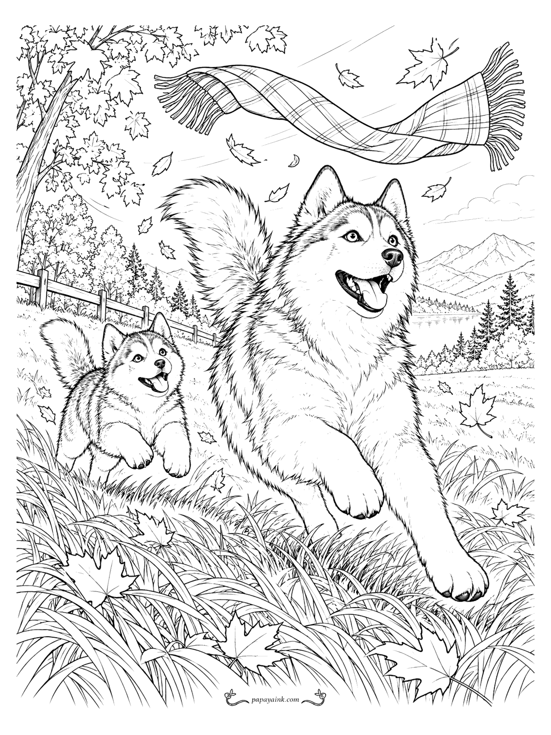 Husky Coloring Pages - Husky and puppy running through an autumn meadow as a plaid scarf flies in the wind