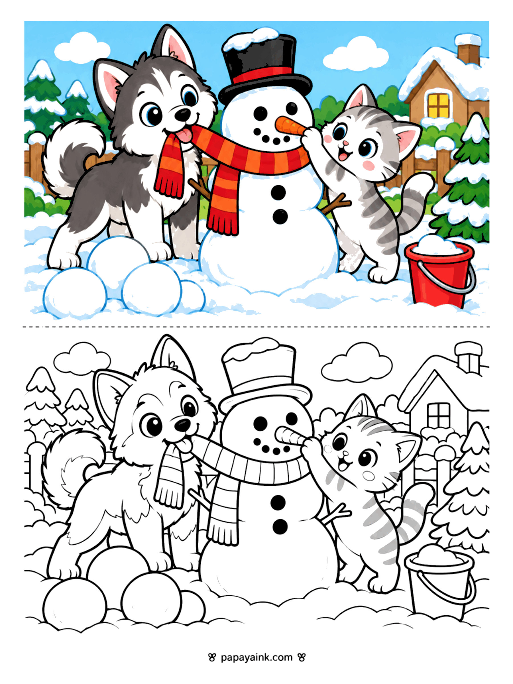 Husky Coloring Pages - Husky puppy and a striped kitten dressing a snowman with a striped scarf, snowballs and a red bucket in the yard