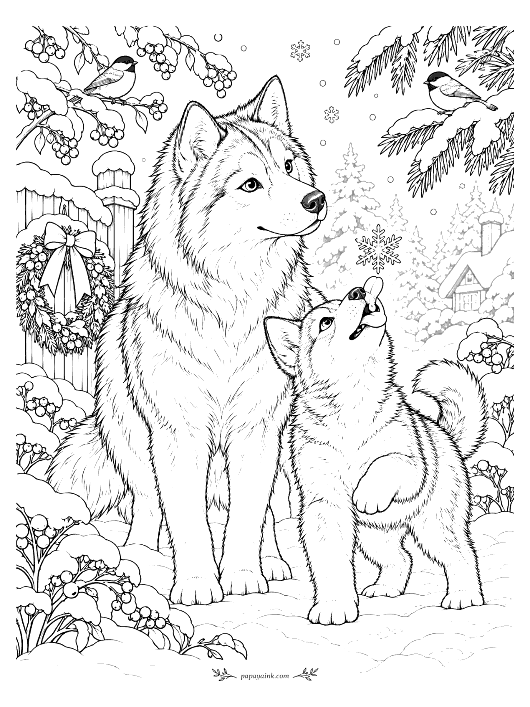Husky Coloring Pages - Husky and puppy catching snowflakes by a snowy fence with a holiday wreath and chickadees