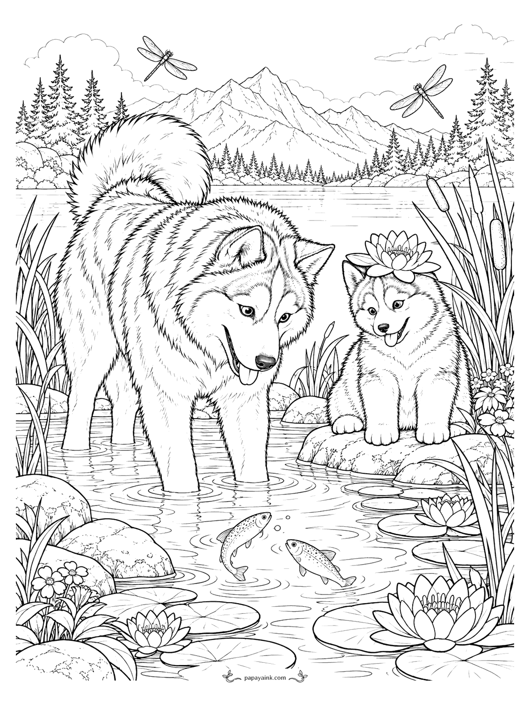 Husky Coloring Pages - Husky and puppy wading in a mountain lake with water lilies, trout and dragonflies (Detailed)