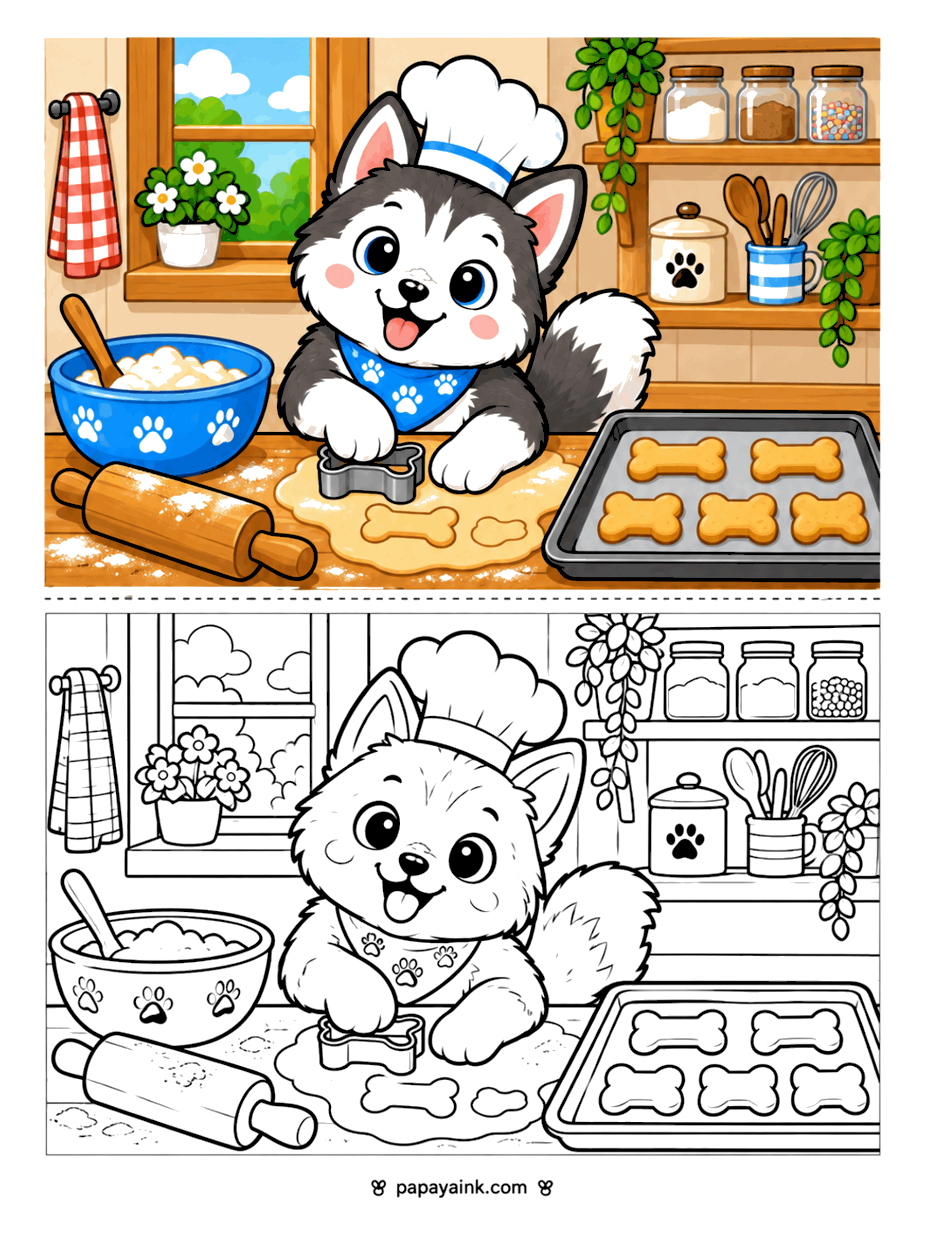 Husky Coloring Pages - Husky chef in a tall hat cutting bone-shaped cookies from dough with a mixing bowl, rolling pin and baking tray (Detailed)