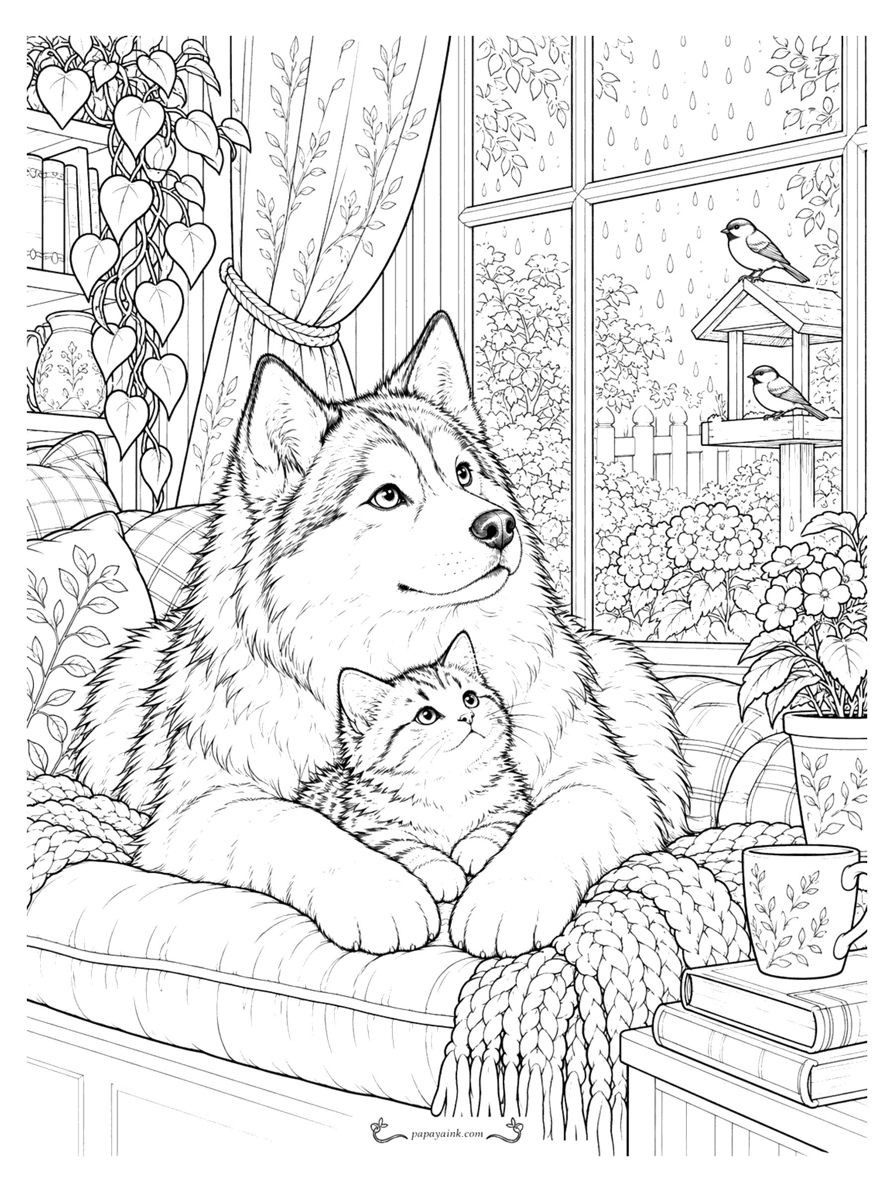 Husky Coloring Pages - Husky cuddling a tabby kitten on a cushioned window seat while rain falls outside (Detailed)