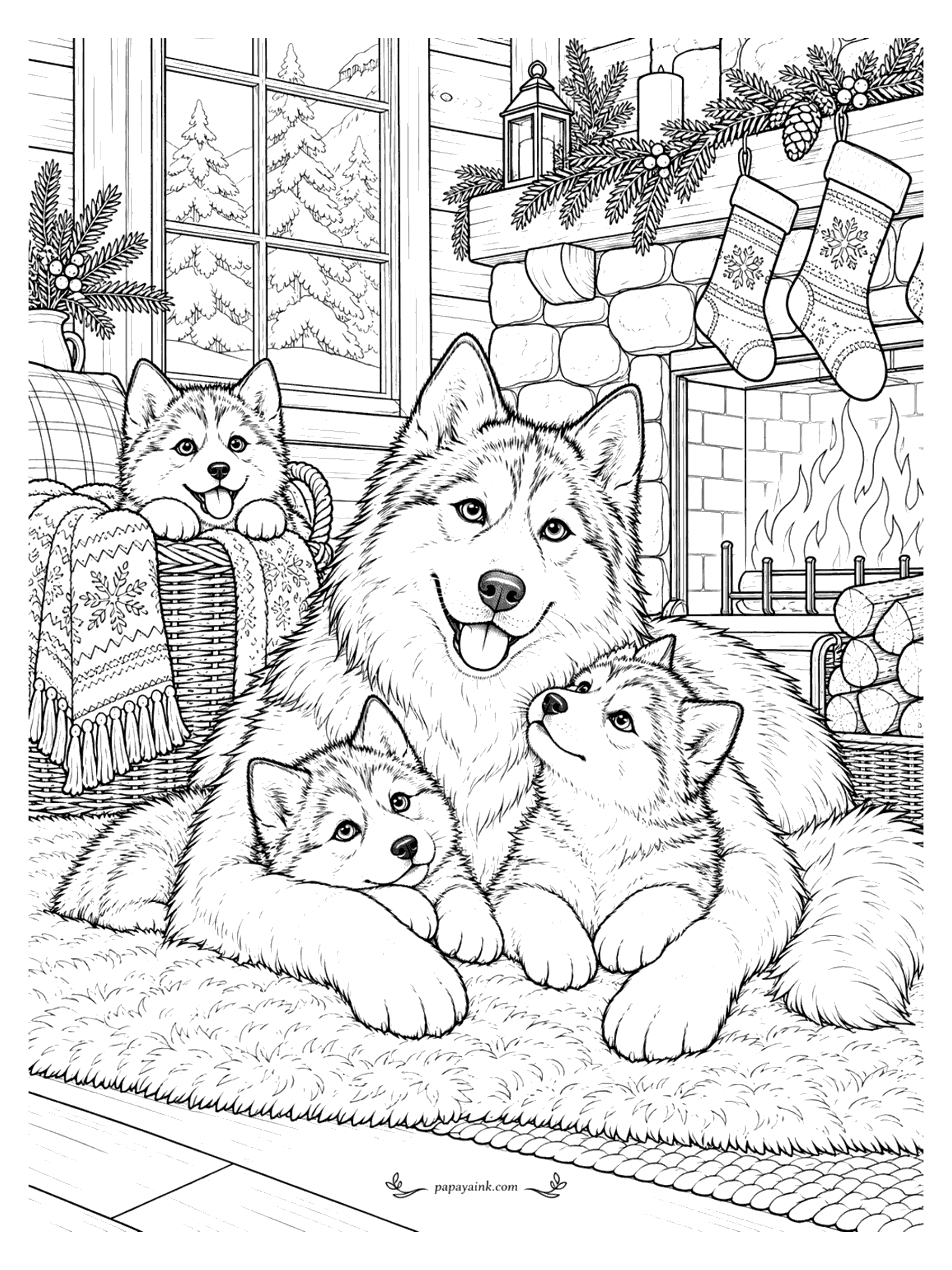 Husky Coloring Pages - Husky family by the fireplace on Christmas Eve, with stockings, a lantern and a pup peeking from a basket (Detailed)