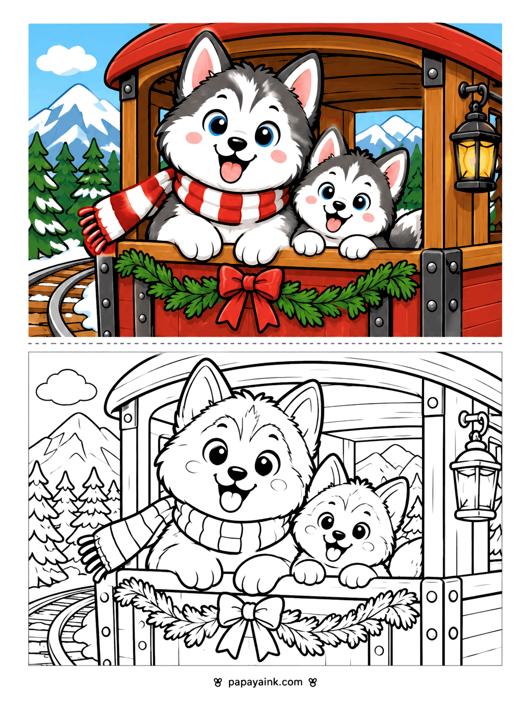 Husky Coloring Pages - Husky and puppy in a striped scarf riding in a red holiday train car decorated with a pine garland and bow