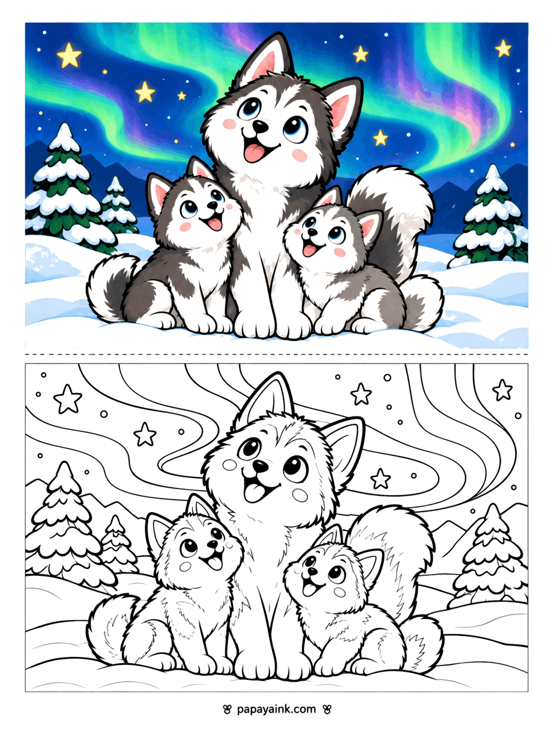Husky Coloring Pages - Husky mother and two puppies gazing up at the northern lights and stars over a snowy pine forest