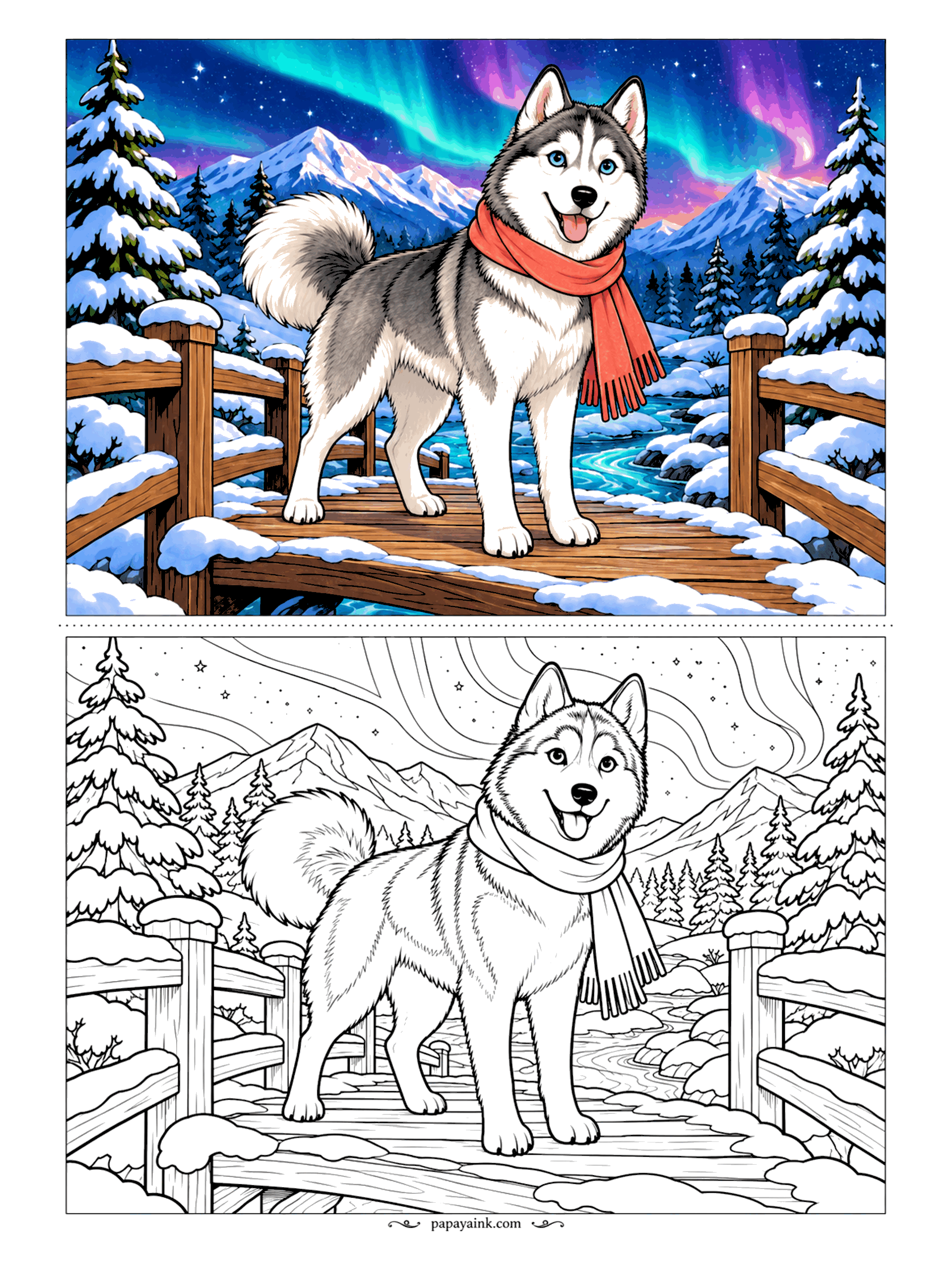 Husky Coloring Pages - The scarf was a gift, and he intends to wear it to every aurora. The husky stops halfway across a snowy footbridge while green and violet light ripples over the peaks. Leave the snow on the rails white and let the sky carry the color.