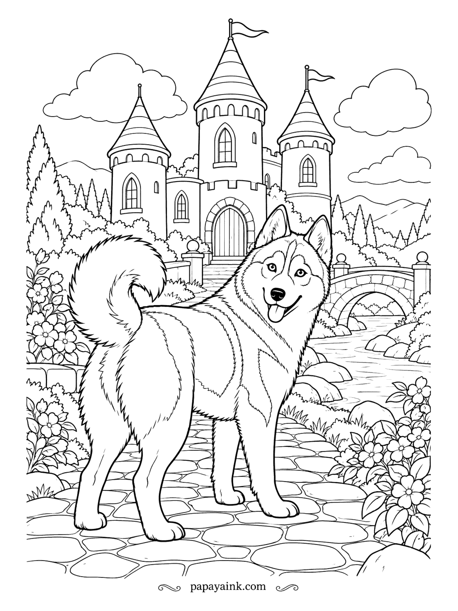 Husky Coloring Pages - Royal guard, unofficial and unpaid. The husky stands on a cobbled path below a three-tower castle with flags, a stone bridge and a river running past flowering bushes. Detailed - cobblestones and blossoms take patience.