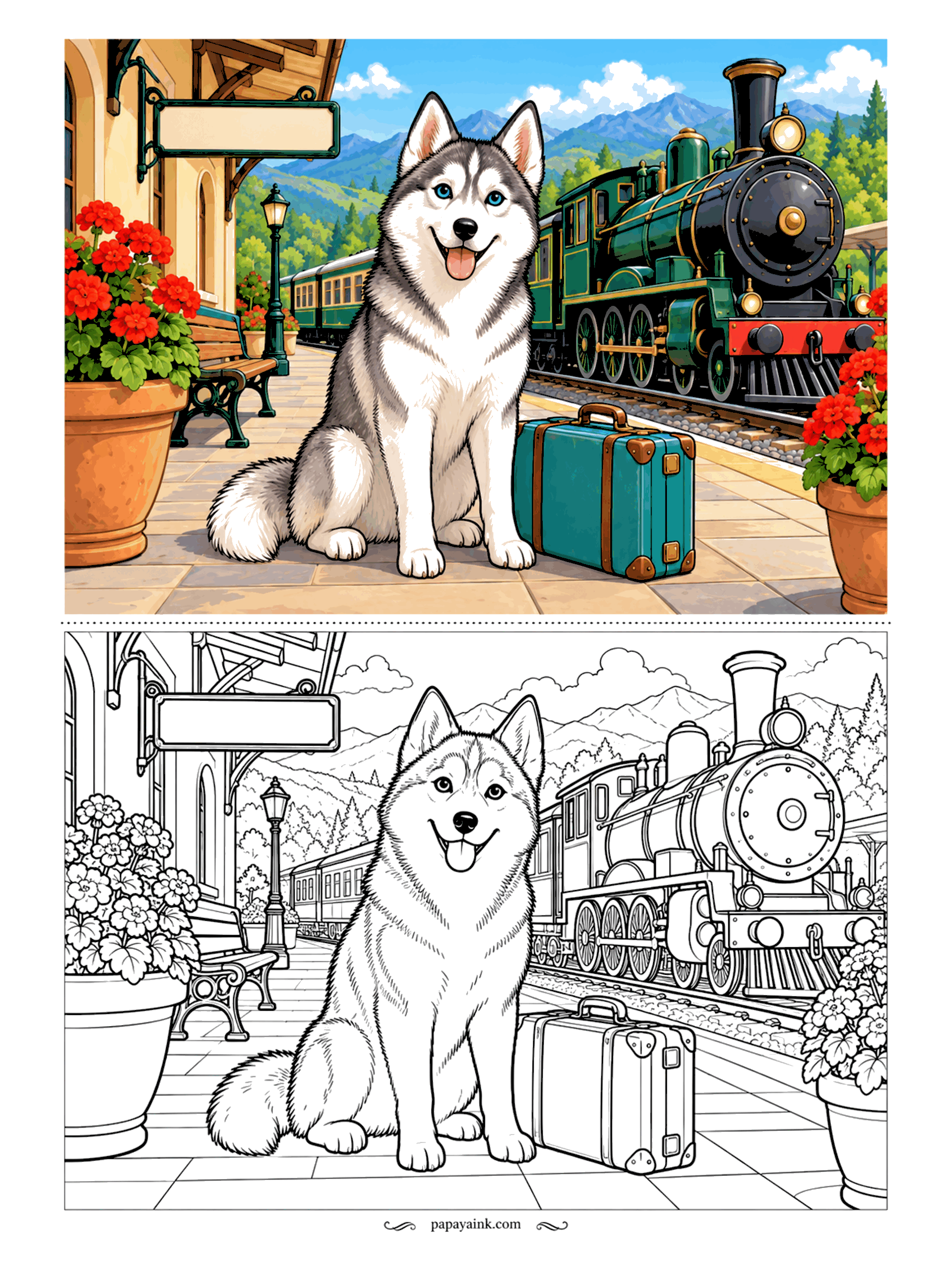 Husky Coloring Pages - Packed and early, the way a good travel companion should be. The husky waits on a country platform beside a teal suitcase while a steam locomotive pulls in past pots of red geraniums. Detailed - the engine alone is a project.