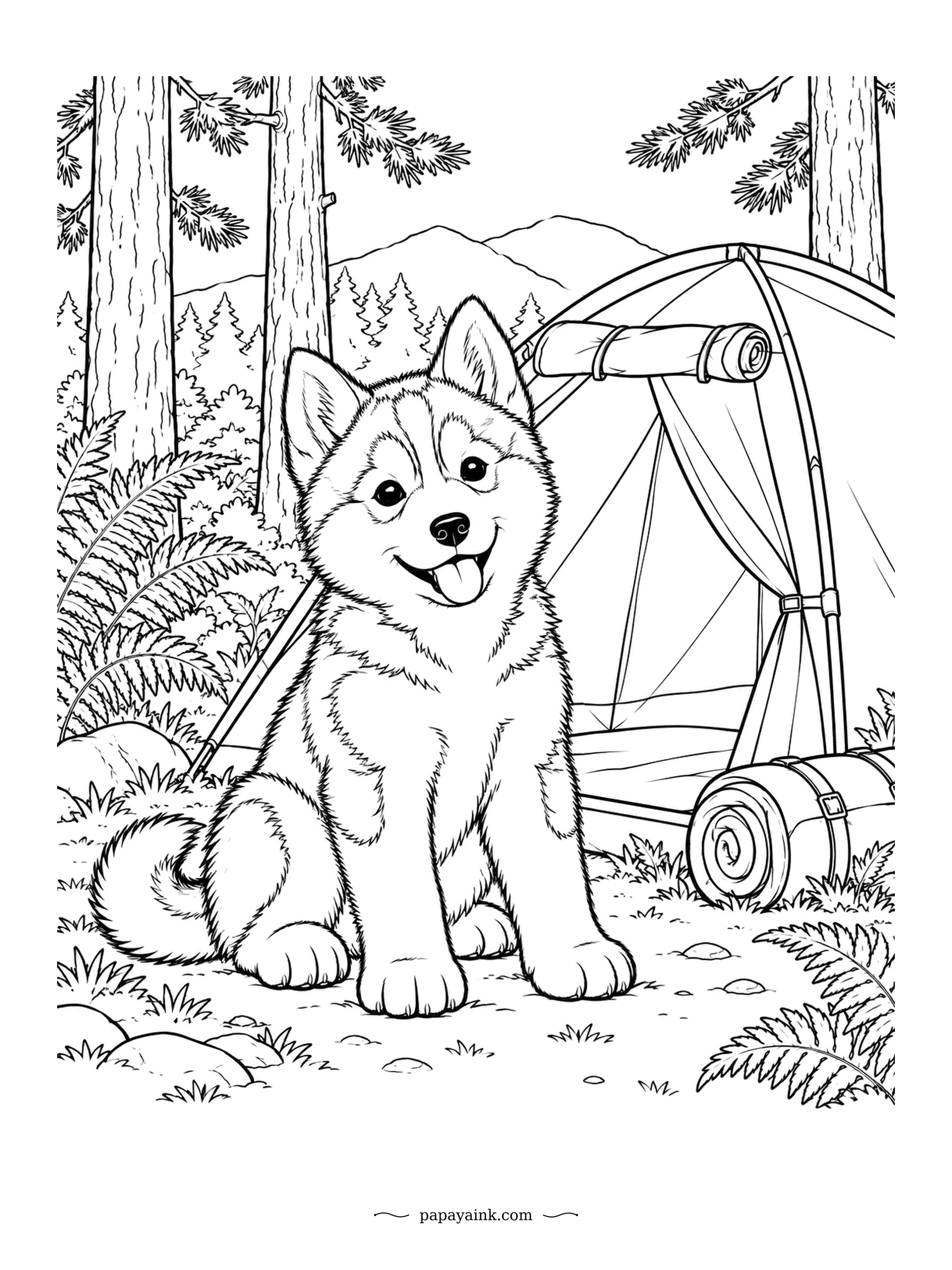 Puppy Coloring Pages - Tent pitched, bedroll ready, and the husky pup has appointed itself head of campsite security. Ferns and tall pines surround the clearing. Grey and white fur with a dark mask is classic for the breed.