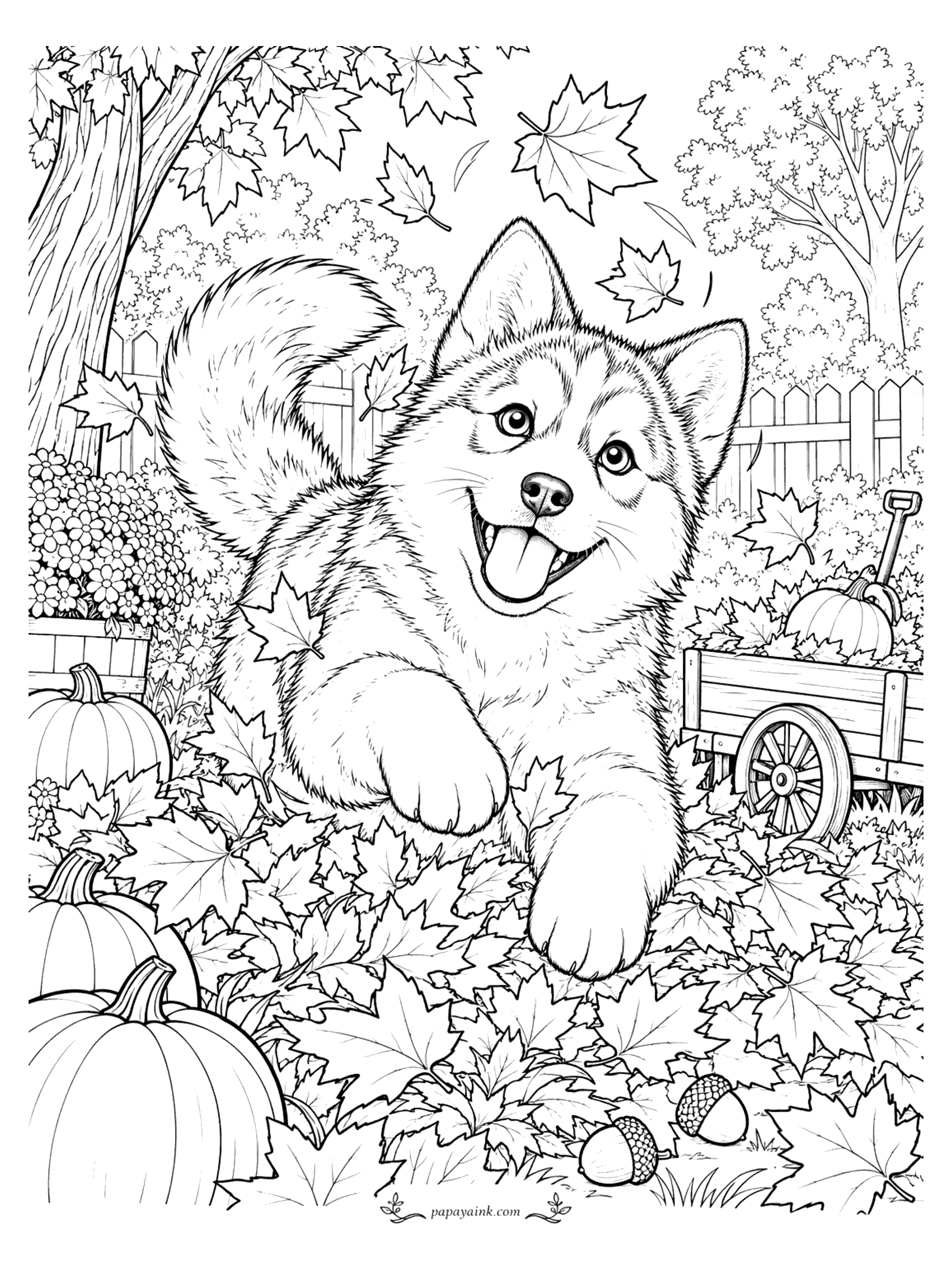 Husky Coloring Pages - Husky puppy leaping through a pile of autumn leaves next to pumpkins and a garden cart (Detailed)